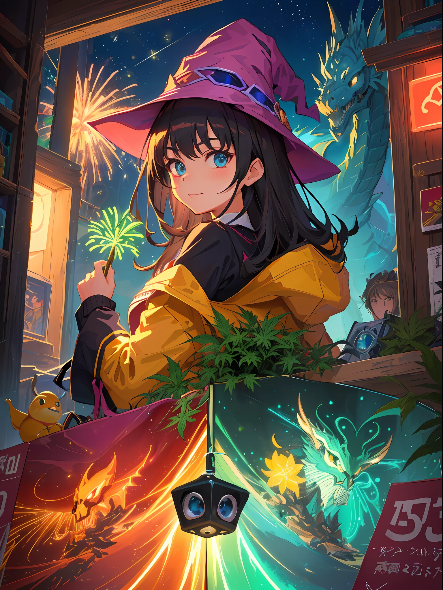 Masterpiece, Portrait, ???????? Bushes, ????????? Leaves, Neon Fireworks, Neon City, Neon Lights, Sorceress, Witch, Skull, Dragon, Magic Objects, Elixir of Life, Magical, Fruit Anthropomorphic, Jacket and With Mechanical Weapons, Pixar Animation, Disney Animation, Cool Blind Box, OC Rendering, Ray Tracing, High Quality, High Detail, High Resolution, 8k, Bust Size, It Means " Reference to the animated film "Interstella 5555".