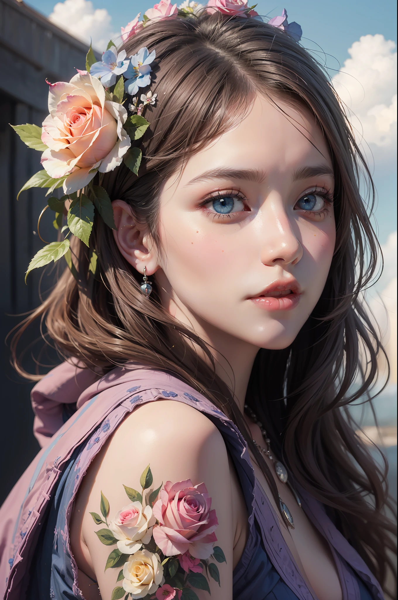 ( Absurd, High quality, ultra-detailed, masterpiece, concept art, smooth, highly detailed artwork, hyper-realistic painting )beautiful eyes(eyes detailed),1 pretty girl, Rose with pink, yellow, and blue color, Rainbow, dreamy, clouds, Vivid, fantasy