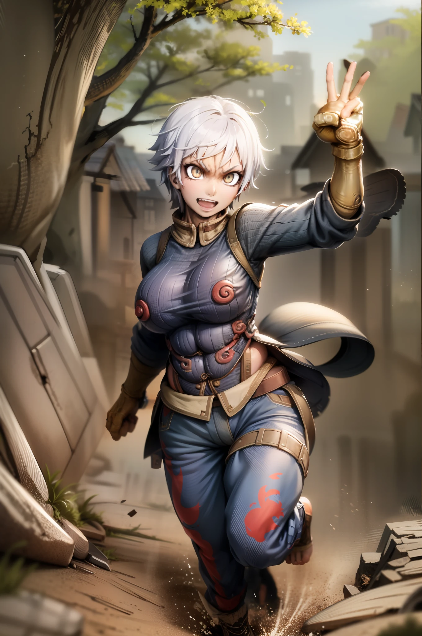 ((masterpiece, best quality)),(complex light),solo,solo focus,1girl,asura, white hair, bright eyes, furious, golden arms, simple background, jump, punch, destroyed debris background,tomboy, happy, smile, short hair, alone,portrait, walking, big breast, full body, walking, smile, happy, coat, pole-shirt, village, forest, europe, medieval village