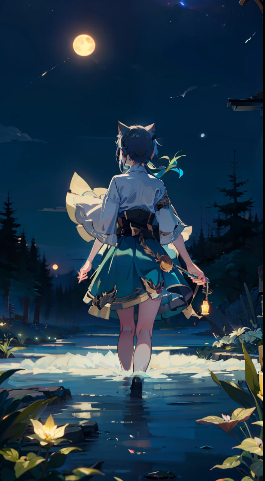 Open landscape , Landscape, panorama shot, (looking up and down), Girl standing in flower garden looking up, (Full moon: 1.2), (Shooting star: 0.9), (Nebula: 1.3), Starry sky, White flower garden, Shining flower garden, Fantastic flower garden, Trees, (Warm light source: 1. 2), (Firefly: 1.2), Lamp, orange and blue mostly fine Detail, (Masterpiece:1.2), (Top Quality), 4k, Ultrafine Detail, (Dynamic Composition:1.4), (Masterpiece:1. 2), (Top Quality), Lamp, Mainly Fine Detail in Orange and Blue Voluminous Lighting BREAK ( (Masterpiece:1. 2), (Top Quality), 4k, Ultra-Detailed, (Dynamic Composition:1.4), Very Fine Detail, Colorful Detail, (Iridescent:1. 2), (Luminous Lighting, Ambient Lighting), Dreamlike, Fantastic, (Solo:1 .2) sparkle, shine, petals dancing, dancing light, white hair, beautiful hair, long hair, cat ears, back view, water effect, soap bubbles, pose, large lace sleeves