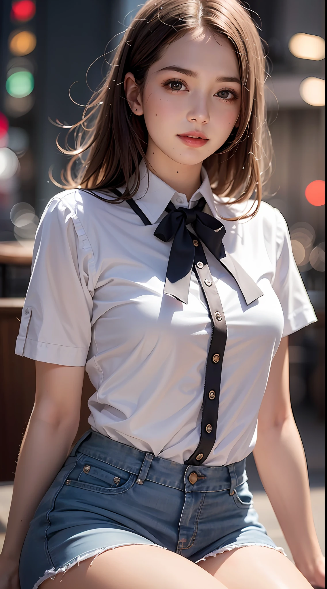 (RAW photo, highest quality), (realistic, photorealistic: 1.3), best quality, masterpiece, very delicate and beautiful, highly detailed, CG, unity, 2k wallpaper, amazing, beautiful in detail, masterpiece, light smile, highest quality, highly detailed CG Unity 8k wallpaper, (8k, highest quality, masterpiece: 1.2), (realistic, photorealistic: 1.37), super detailed, girl 1 personcute, solo, beautiful, detailed sky, detailed café, night, sitting, dating, (blush), (smile: 1.15), small breasts, fine beautiful eyes, (shirt with collar: 1.1), night, wet, office clothes, rain, white lace, (short hair: 1.2), floating NovaFrogStyle, topless,