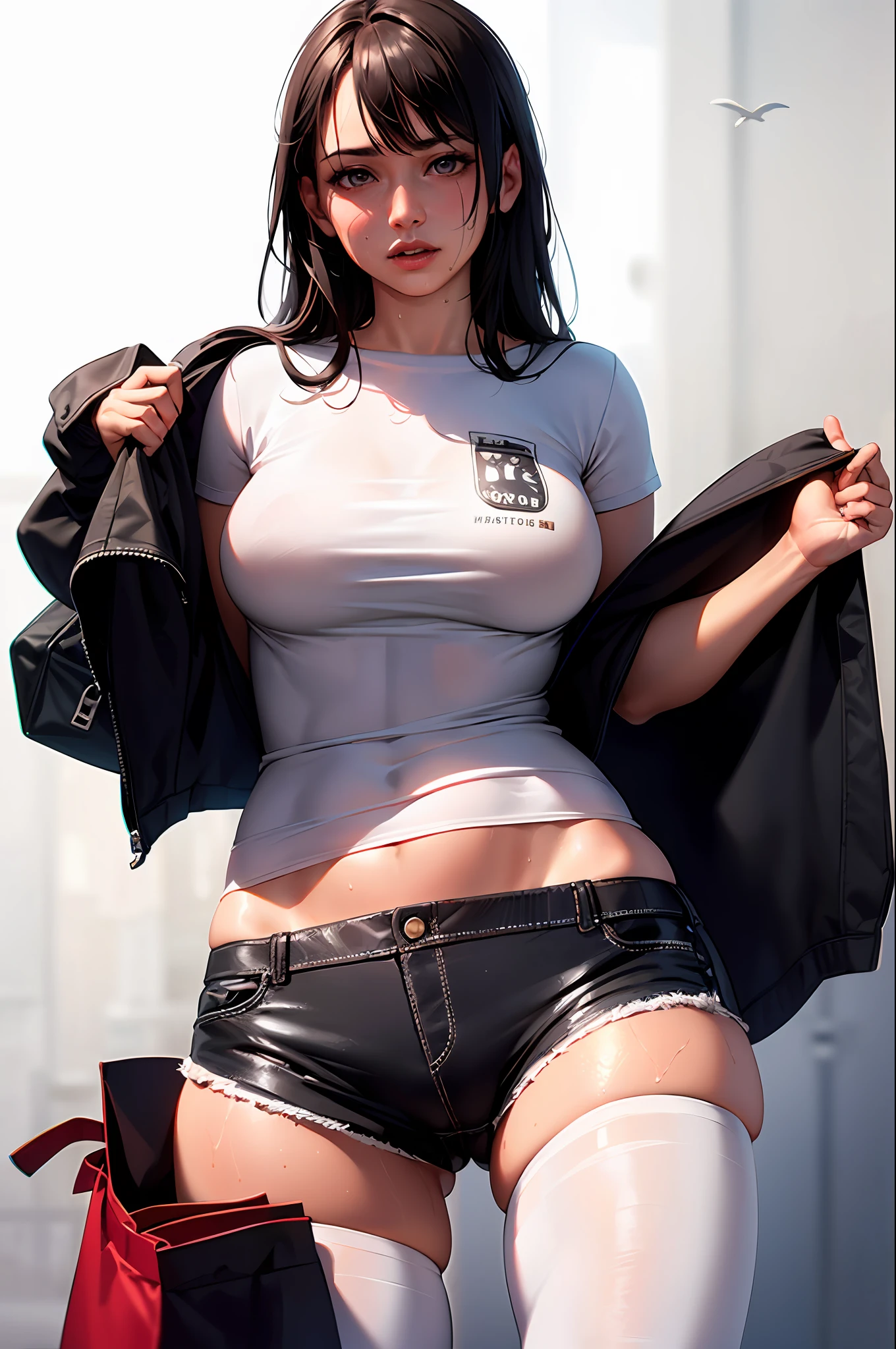 ((masterpiece, best_quality)), (photorealistic:1.4),  solo, 1 girl, white_background, black_hair, long_hair,   zettai_ryouiki, oversized shirt, sketch-bird printing, Chuck Taylor, crotch gap, micro shorts, crotch barely seen, cameltoe, exposed puffy ,shiny skin, sweaty skin, nose blush, canvas tote bag