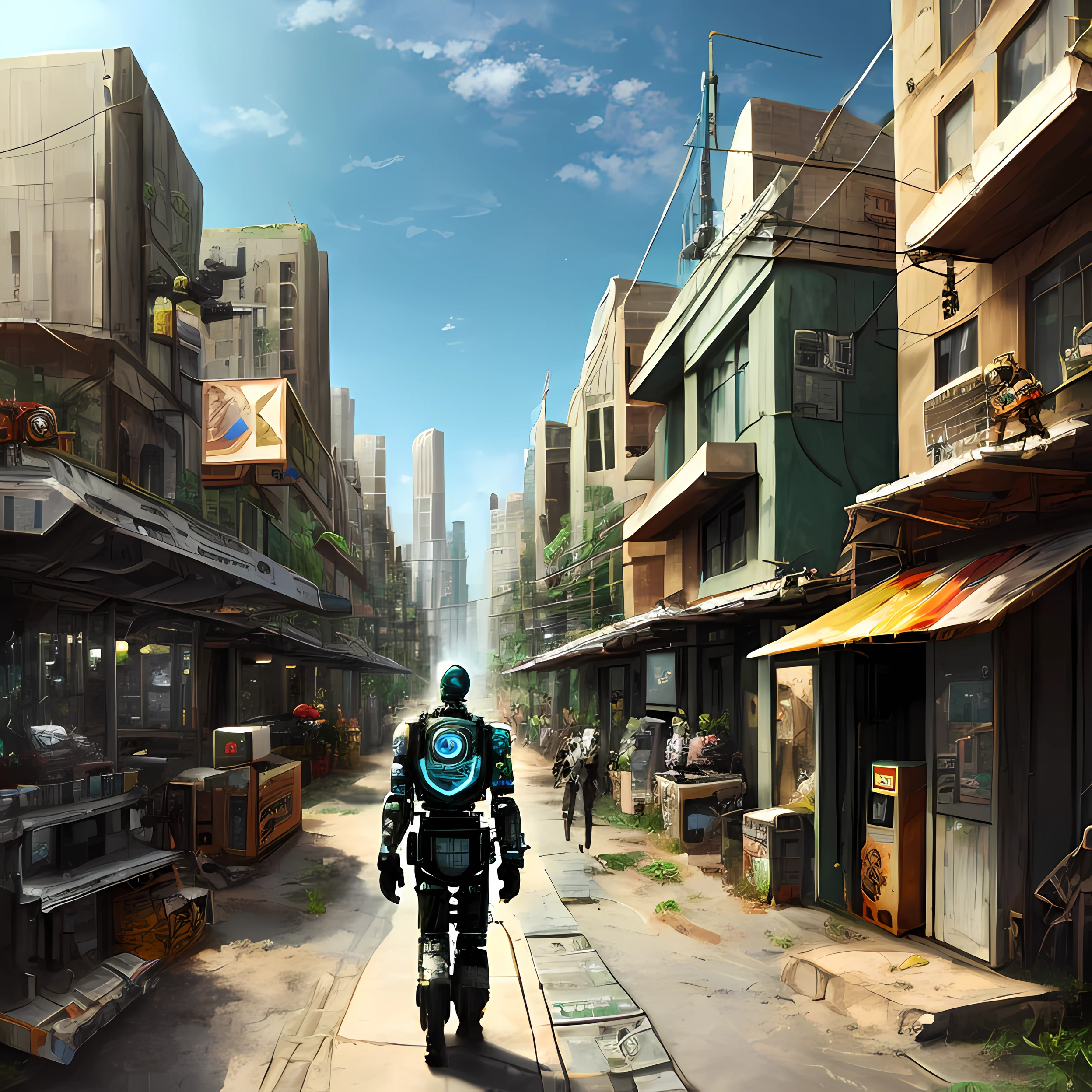 security Cyborg patrol a a dystopian sci-fi city street in SolarCity punk