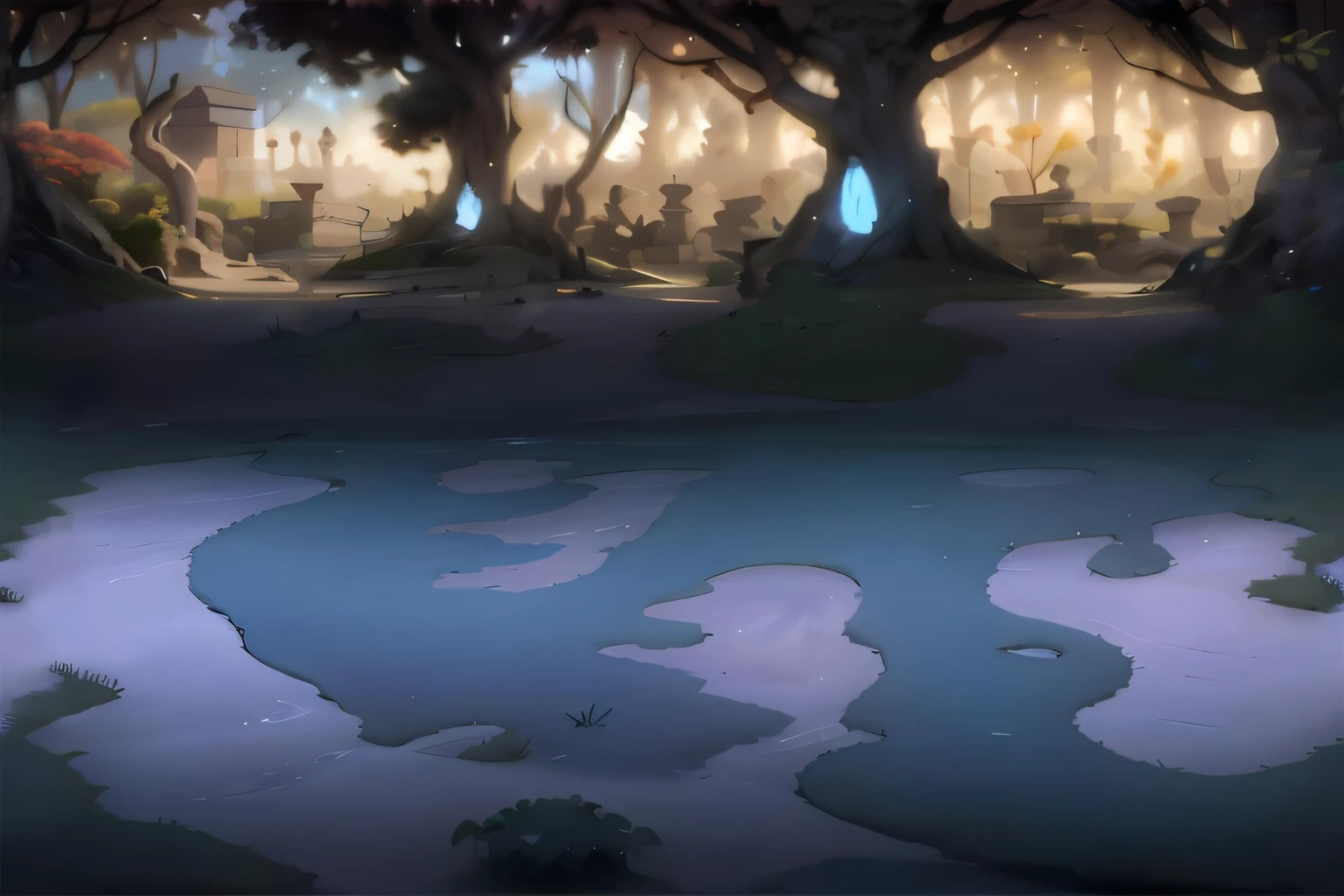 there is a painting of a graveyard with a pond in the middle, background art, background artwork, league of legends concept art, riot games concept art, painted as a game concept art, 2 d game art background, environment concept art, world of warcraft concept art, stylized concept art, elf forest background, dota 2 concept art, dota matte painting concept art