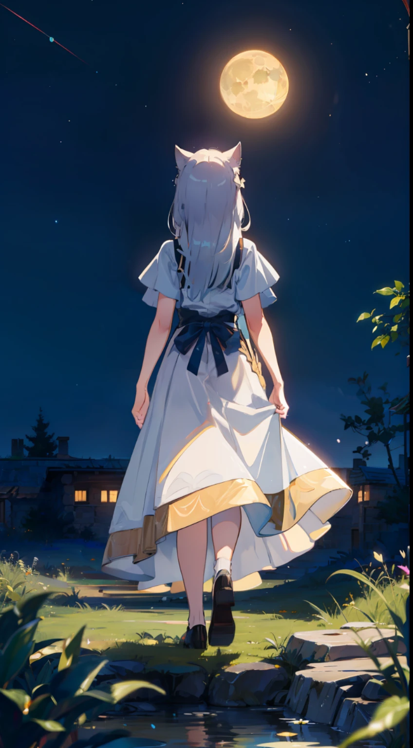 Open landscape , Landscape, Panoramic shot, (Looking up and down), Girl standing in flower garden looking up, (Full moon: 1.2), (Shooting star: 0.9), (Nebula: 1. 3), Starry sky, White flower field, Shining flower field, Fantastic flower field, Trees, (Warm light source: 1. 2), (Firefly: 1. 2), Lamp, Orange and blue Fine Detail, (Masterpiece: 1.2), (Top Quality), 4k, Ultra Fine Detail, (Dynamic Composition: 1.4), (Masterpiece: 1. 2), (Top Quality), Lamp, Orange and Blue Voluminous Lighting mostly Fine Detail BREAK ((Masterpiece: 1. 2), (Top Quality), 4k, Ultra-Detailed, (Dynamic Composition: 1.4), Very Fine Detail, Colorful Detail, (Iridescent: 1. 2), (Luminous Lighting, Ambient Lighting), Dreamlike, Fantastic, (Solo: 1 .2), Sparkle, Glitter, Petals Dancing, Light dancing, white hair, beautiful hair, long hair, cat ears, back view, water effect, soap bubbles, pose, long skirt, white dress