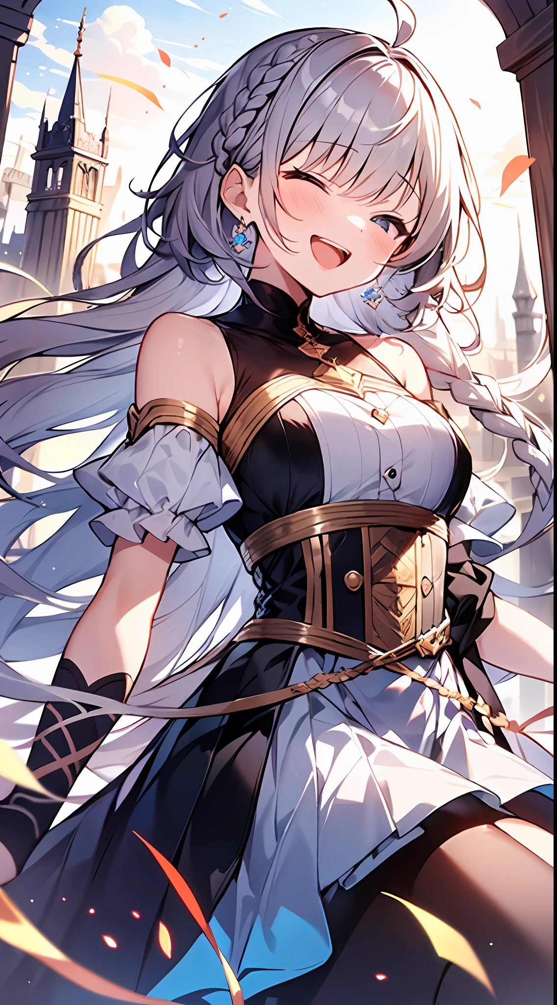 (incredibly absurdres absolutely resolution: 1.5), highest quality, masterpiece, ultra high resolution, 8k, (multiple girls), (gorgeous dresses with many gorgeous and colorful decorations) BREAK shoujo manga style, (li), soft line drawing, digital enhancement, shojo manga touch, environmental change scenes, shojo manga core, ( Hair length to the shoulders))), (((short braid))), laughing with open mouth, closing eyes, ancient city of the West, angle from which the whole body is visible, entangle, beautiful and aesthetic: 1.5, High quality: 1.3