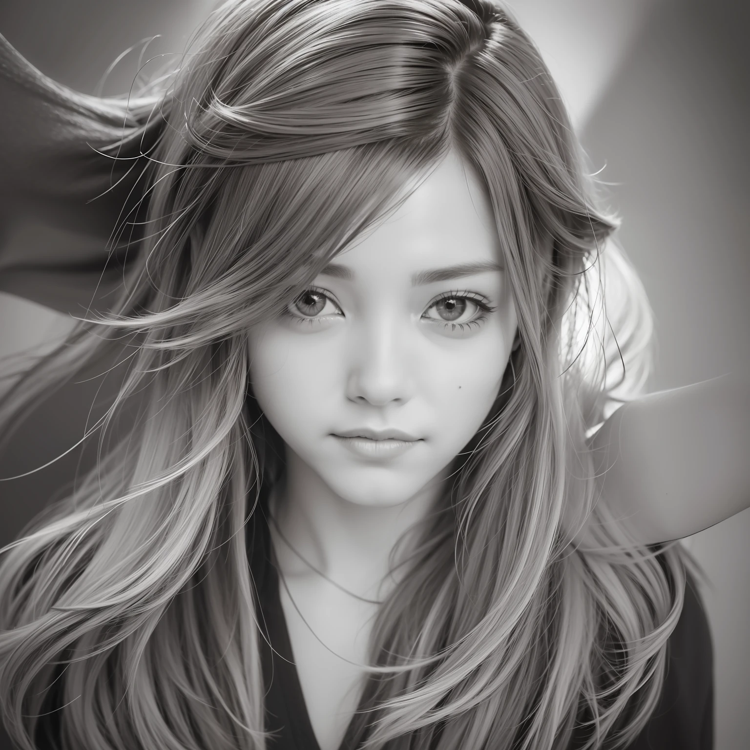 multicolored hair, hair ribbon, mole under eye, earrings, open mouth, smile, chiaroscuro, depth of field, modern, multiple monochrome, out of frame, first-person view, Nikon, 135mm, overexposure, masterpiece
