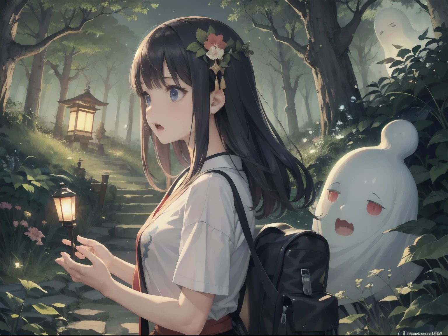 Top Quality, Masterpiece, Ultra High Resolution, Ultra-fine Illustrations,((Anime)))),(Moonlit),(There are many ghosts and monsters),(Japan Forest)))),((Midsummer)),(Liver test),(T-shirt))),(Lantern))),(Japan girls)),(Girls exploring the night forest while frightened))),(Surprised expression))))