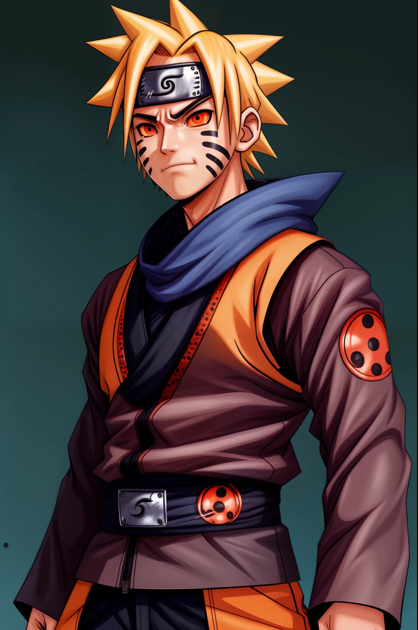 A representation of the character Naruto with his blonde hair, blue eyes, marks on his face, wearing the leaf village bandana and with the orange chakra of the kyuubi color around him.