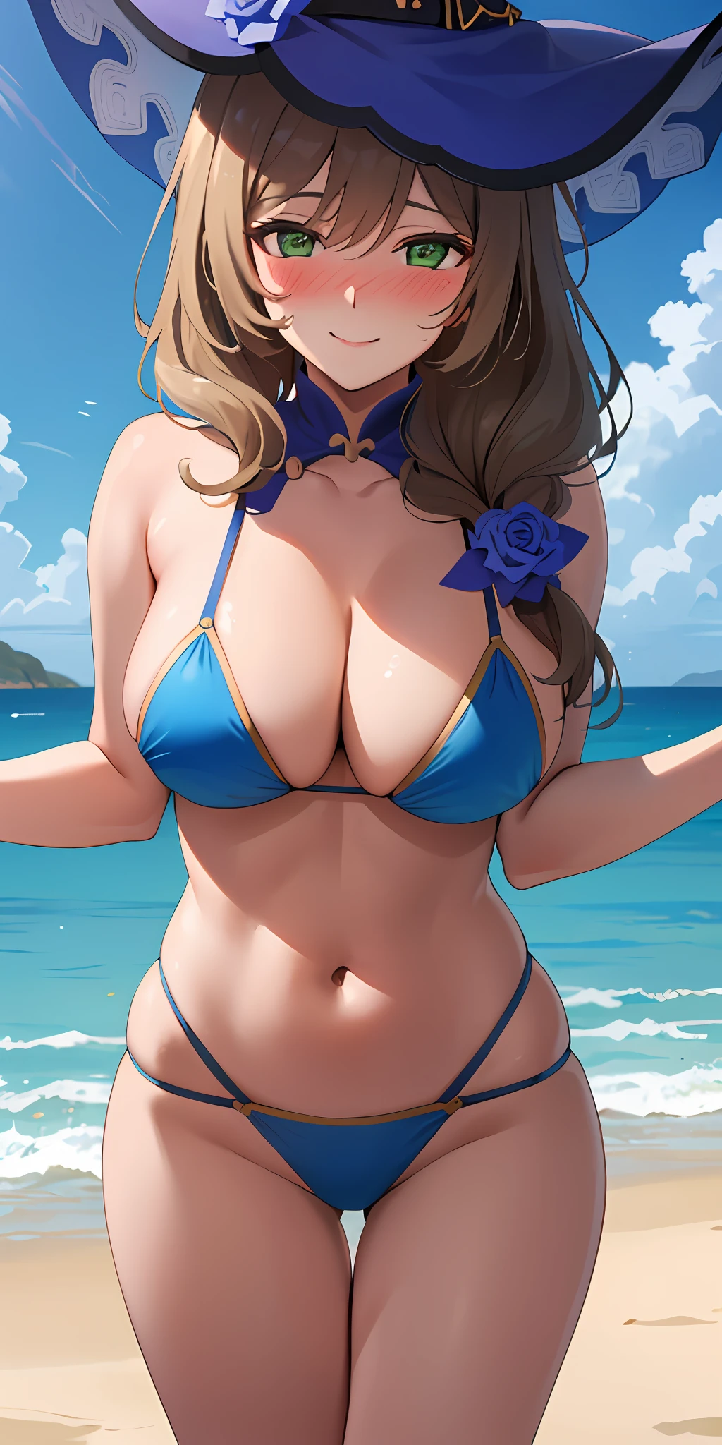 (Best quality:1.3), lisarnd, large breasts, naked, bikini, smiling, (blushing:1.3), beach, thighs, (pov, close shot)
