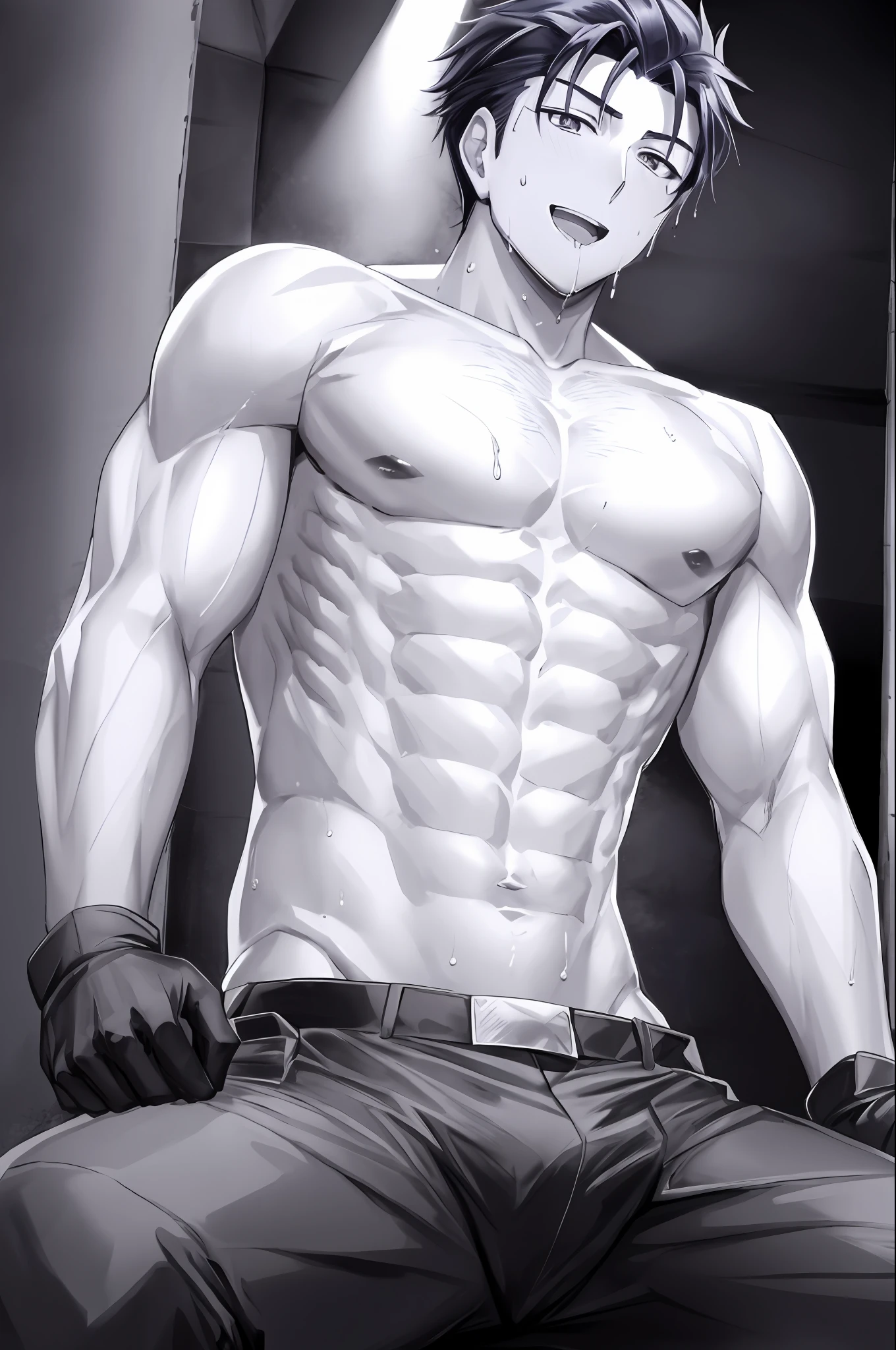 Hector Fei, Solo, Looking at the Audience, Smile, Open Mouth, Sweat, Get Wet, Get Wet, Drooling, Gloves, 1boy, Sitting (straddling), Male Focus, Crotch View, Crotch Close-up, Tie, Shirt, Pectoral (Sweating of Pectoral Muscles), Abs (Sweating Abs), From Below, Castle View