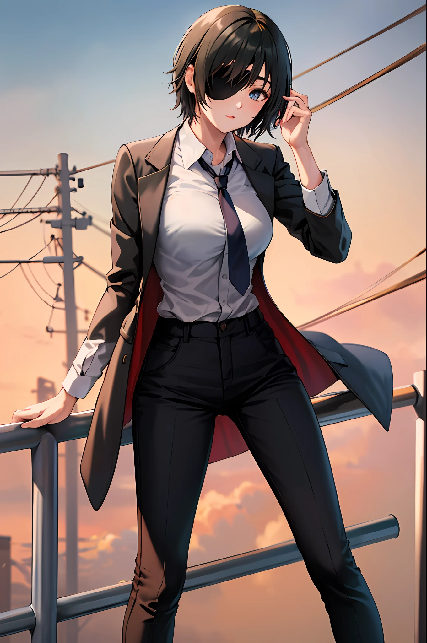 masterpiece, best quality, highres, hmn1, eyepatch, breasts, necktie, collared shirt, black jacket, black pants, cowboy shot, standing, outdoors,