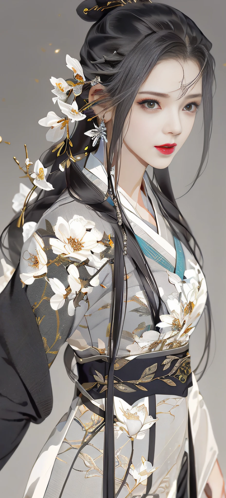 Beautiful details for girls, very detailed eyes and face, beautiful eye details, super detailed, high resolution, very detailed, best quality, illustration, amazing, exquisite details with gray hair, best quality, very detailed CG, 8k wallpaper, a woman, woods, long black hair, ponytail, hanfu girl, flowers, complex textures, complex background, armor, warrior