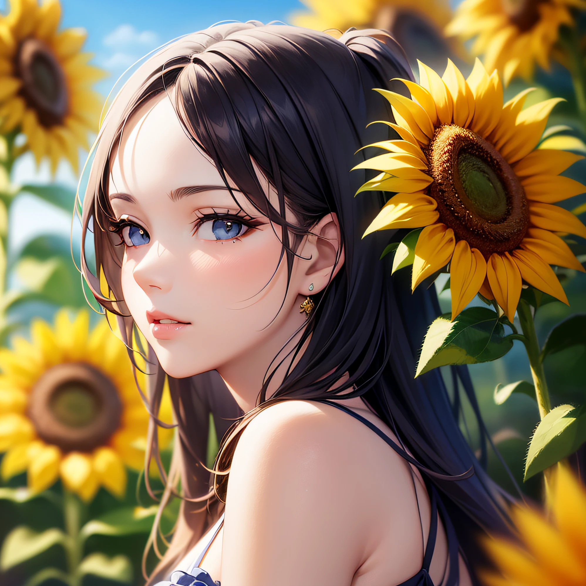 summer sky, sunflower, beauty portrait, attractive color portrait, beautiful retouching, blue sky, her face is sunflower flower, 8k art portrait photo, flower girl, fashion photography, stylized beauty portrait,