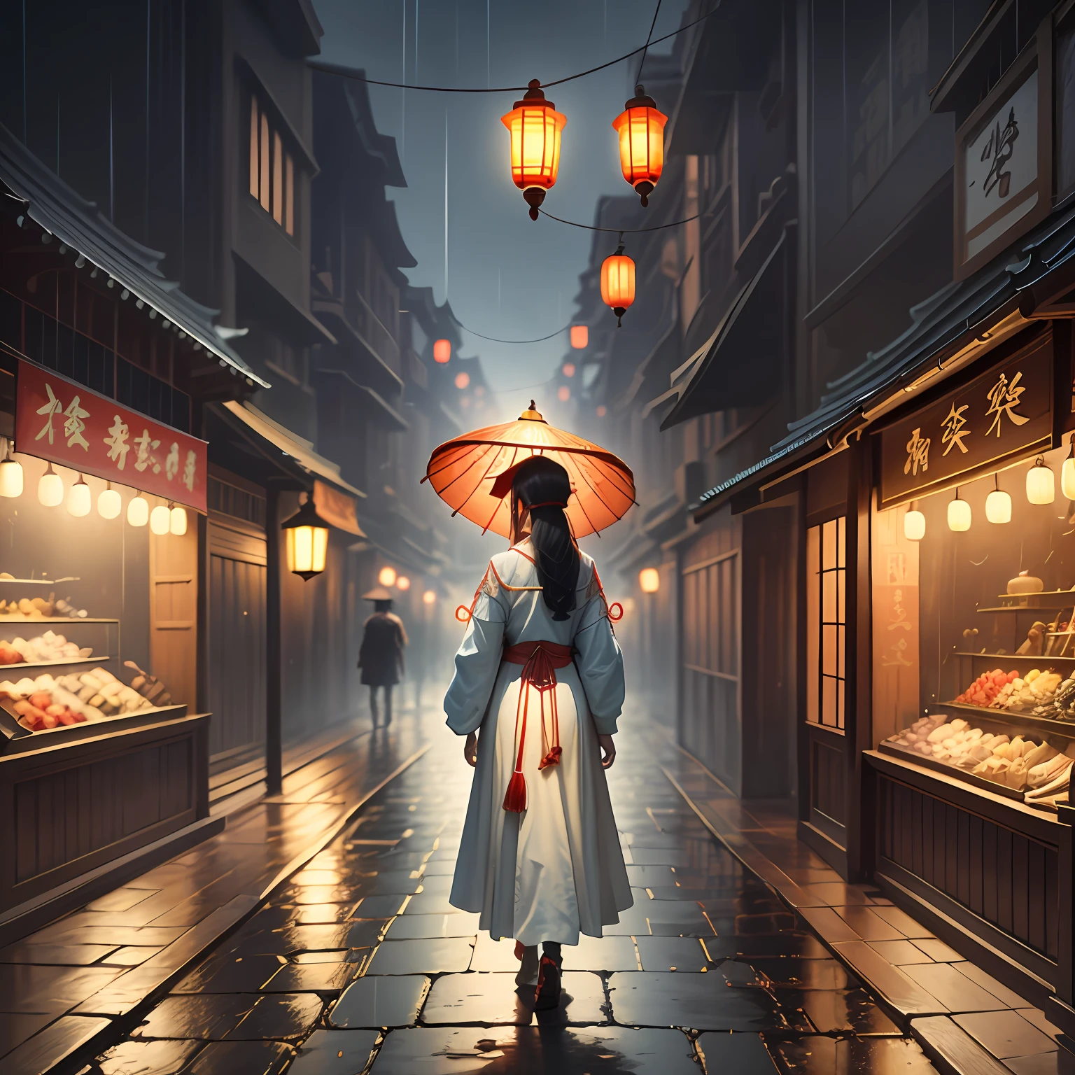 Girl in Hanfu walking on the streets of ancient Chinese towns, street markets, ancient lanterns. Dark, foggy rainy nights. Only the ancient Chinese lamp illuminates. Realistic digital art, light.