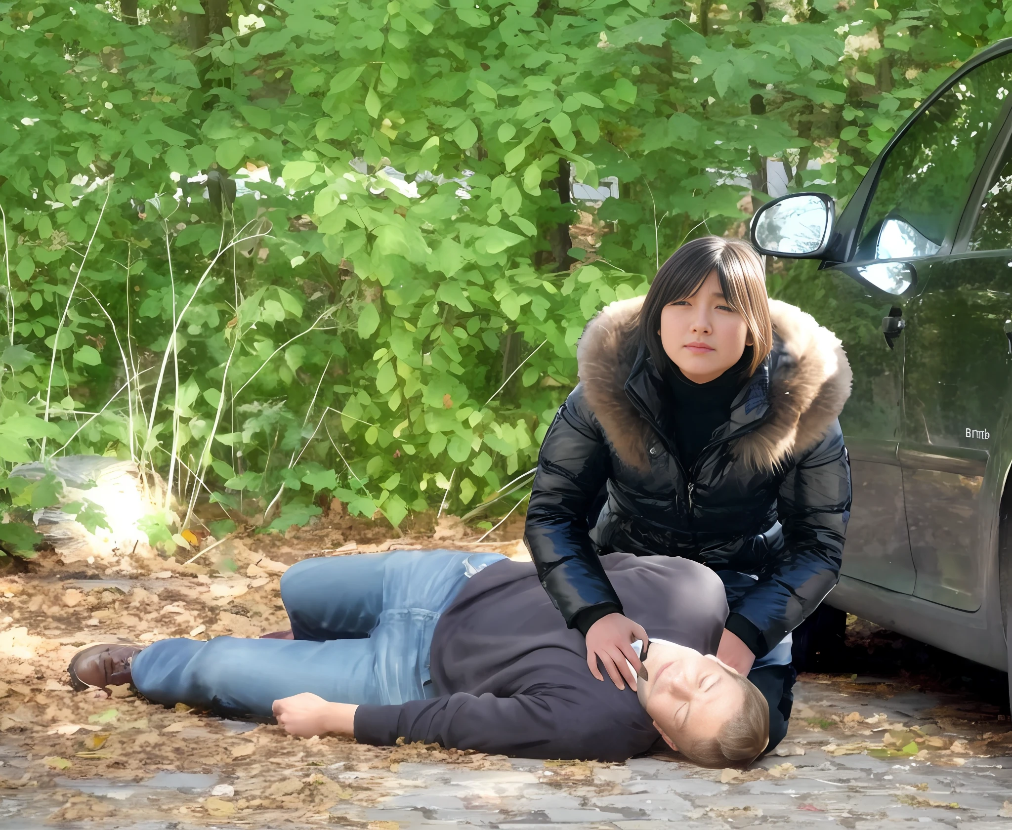 theatralic first-aid-drama, an outdoor scene in a town in the background, injury scene, a man has fallen and is lying injured on the ground, a girl is attending to the injured man on the ground, there is a beautiful and attractive girl kneeling in the grass close to a lying male soccer player, beautiful and attractive girl in a very high shine down coat, beautiful and attractive girl is giving treatment to a wounded man in a street, accident, first aid, help to a wounded man, first aid for an injured male, an injured man on the ground in matte jeans and cotton shirt, a man in jeans and shirt is lying on the ground wearing in intense pain, there is an injured man lying in pain on the ground and covering his agonised and suffering face with his hands, beautiful and attractive girl is giving a massage to an injured man who is lying in pain on the ground, beautiful and attractive girl is wearing very shiny waterproof clothes, dramatic action scene, hyperrealistic, photorealistic, photo, ultra realistic, theatralic pity pose, celebrating first aid, beautiful and attractive girl is looking very concerned and sad, beautiful and attractive girl has tears in her eyes, beautiful and attractive girl is shouting out angry