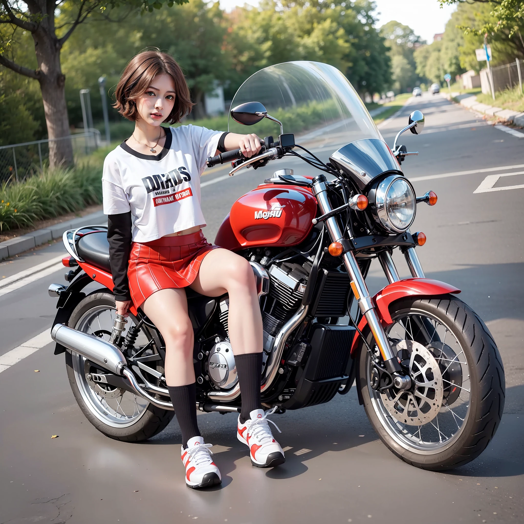 :8K, Best Quality, Masterpiece, Ultra High Resolution, (Realism: 1.4), Original Photo, (Realistic Skin Texture: 1.3), (Film Grain: 1.3), (Selfie Angle). 1 girl in motobike ,full body beautiful eyes, red/short hair, short skirt,white sneaker shoes.