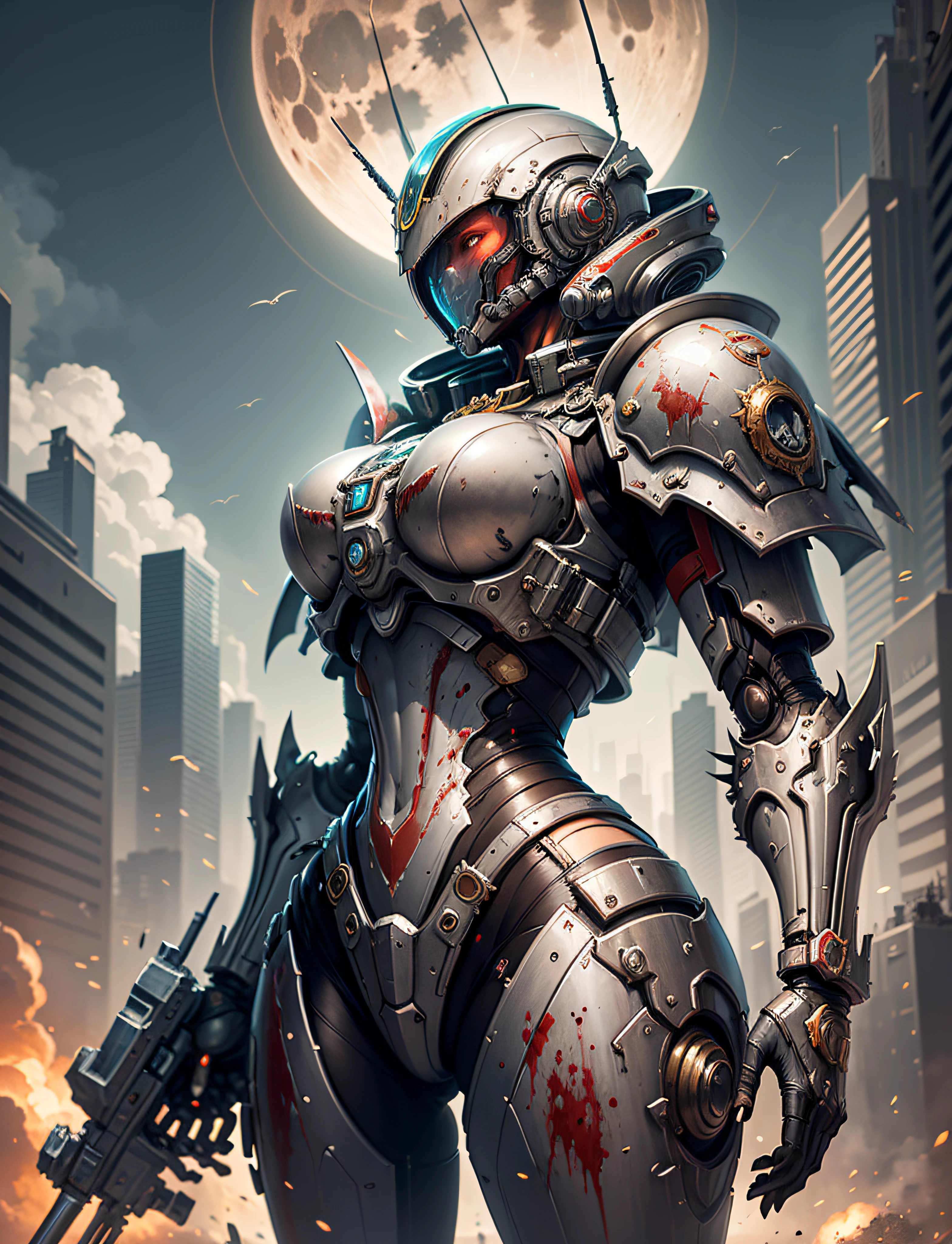 Space marine, harhammer 40,000, world at war, beautiful cyberpunk woman with very detailed mecha treatment, vibrant colors, metallic red, dirty with blood, with sky with clouds and full moon and battleships, whole body with detailed armor, bloody battlefield,