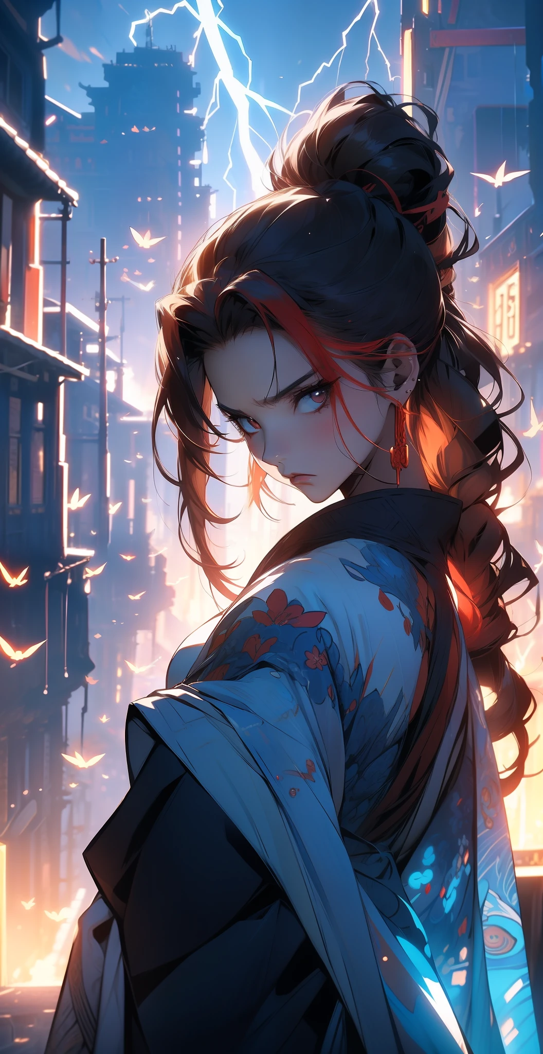 Chen Dan, 25-year-old charming woman, (long white hair), red hair, water drop earrings, ancient white and red Tang clothes, angry expression, demon sect leader, on the roof of the highest house, dark style, sky lightning and thunder, dark clouds, thunder element special effects, day and night, neon light effects