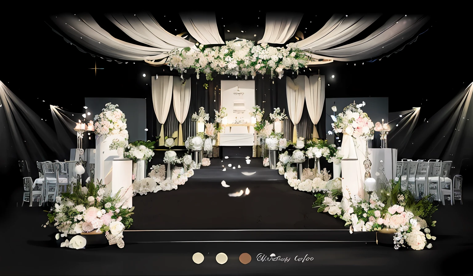arafed image of a wedding ceremony with white flowers and candles, luxurious wedding, ethereal and dreamy theme, ethereal lighting colors scheme, wedding, light cream and white colors, detailed scene, romantic themed, cream and white color scheme, magical atmosphere + masterpiece, dark and beige atmosphere, heavenly color scheme, beautiful aesthetic design, calm serene atmosphere, ballroom background