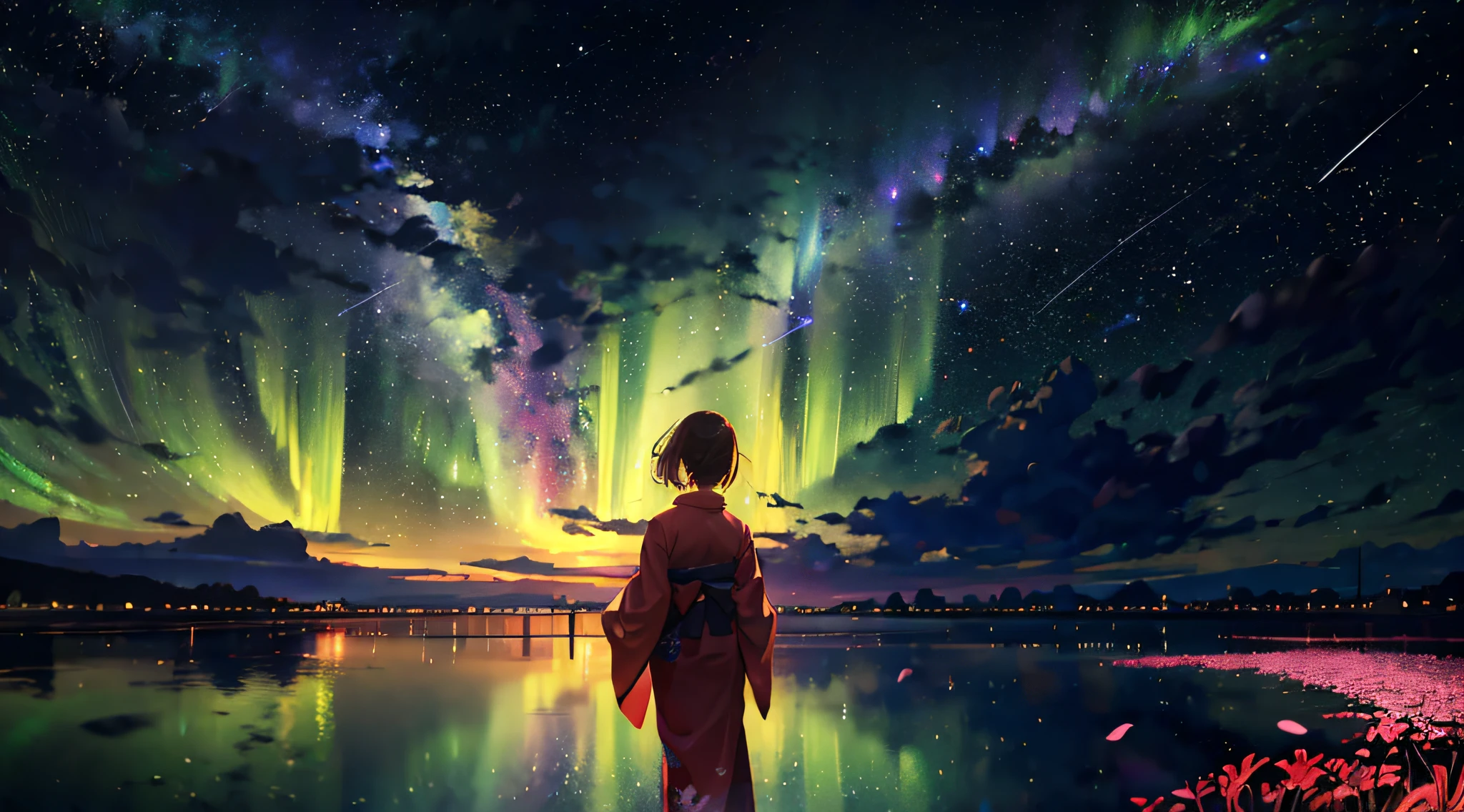 1girl, a distant girl in a kimono staring at the stars, (zoomed out: 1.1), (meteor shower: 1.2), (comet: 1.1), your name, low angle, from behind, northern lights, shooting stars, yukata, red kimono, cherry blossoms, Standing in the field, best quality, masterpiece, cloud, colorful, starry, stars,