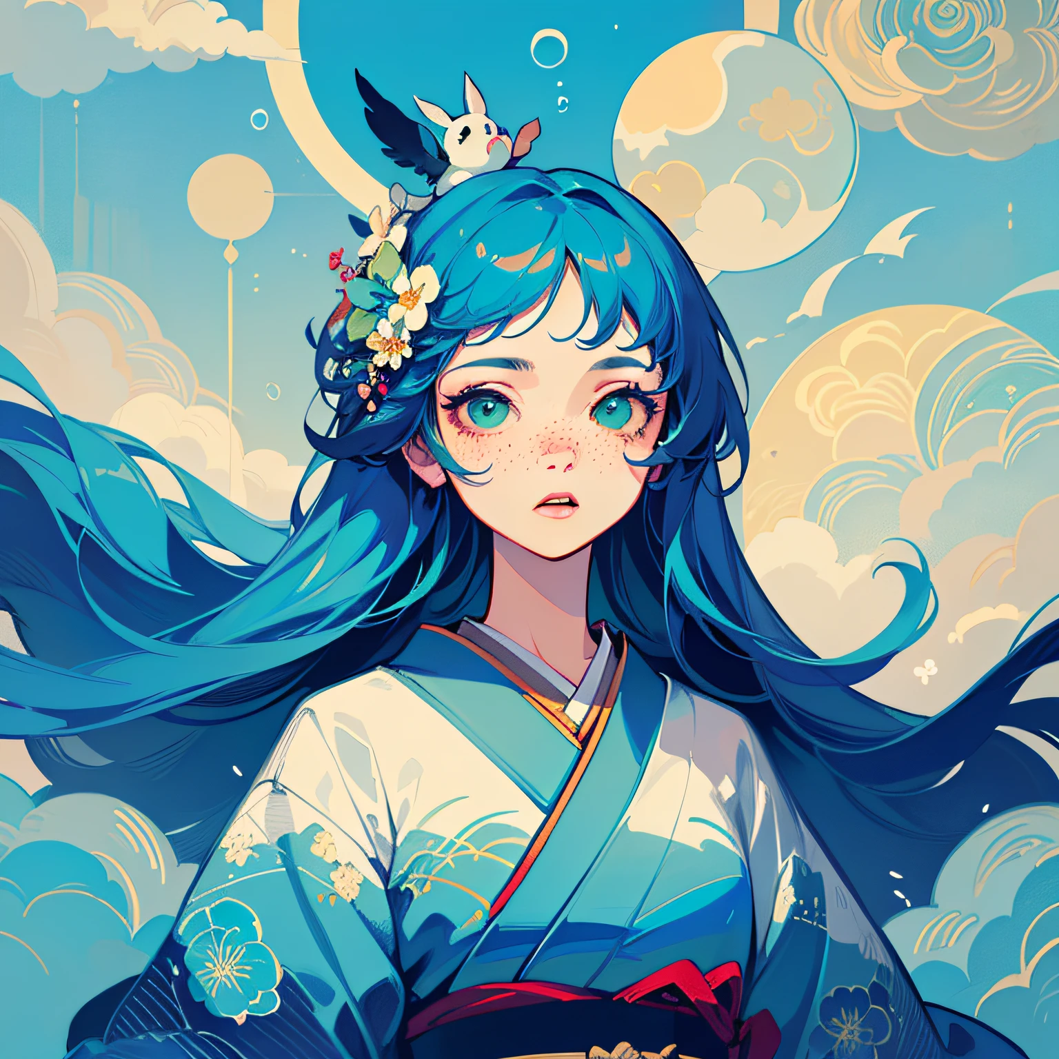 ((Masterpiece)), ((Ultra Detailed)), (Best Quality)), Beautiful Detailed Eyes, Detailed Face, Best Lighting, Best Shade, 1 Front Girl with Long Hair, Solo, ((Classic Disney Style, Edge Lighting, Flat 2D Style, Disney 2D)), ((The main color is green)), Huge Splash, (Girl Inside Flowers:1.5), Island of Flowers, Paradise of Flowers, World Made of Flowers, Freckles, Cold Nose, (((Bubbles))), Little Bunny, Little Bird, Animals, Japanese Inspiration, (Highly detailed), Vortex Effect, A3,