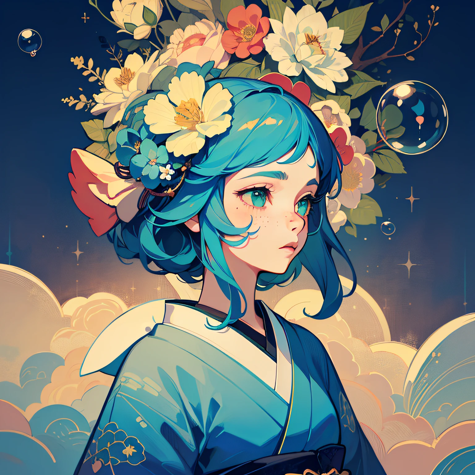 ((Masterpiece)), ((Ultra Detailed)), (Best Quality)), Beautiful Detailed Eyes, Detailed Face, Best Lighting, Best Shadow, 1 Front Bust Long Hair Girl, Solo, ((Classic Disney Style, Edge Lighting, Flat 2D Style, Disney 2D)), ((The main color is green)), Huge Splash, (Girl Inside Flowers:1.5), Flower Island, Flower Paradise, World Made of Flowers, Freckles, Cold Nose, (((Bubbles))), Japanese Inspiration, (highly detailed), vortex effect, A3,