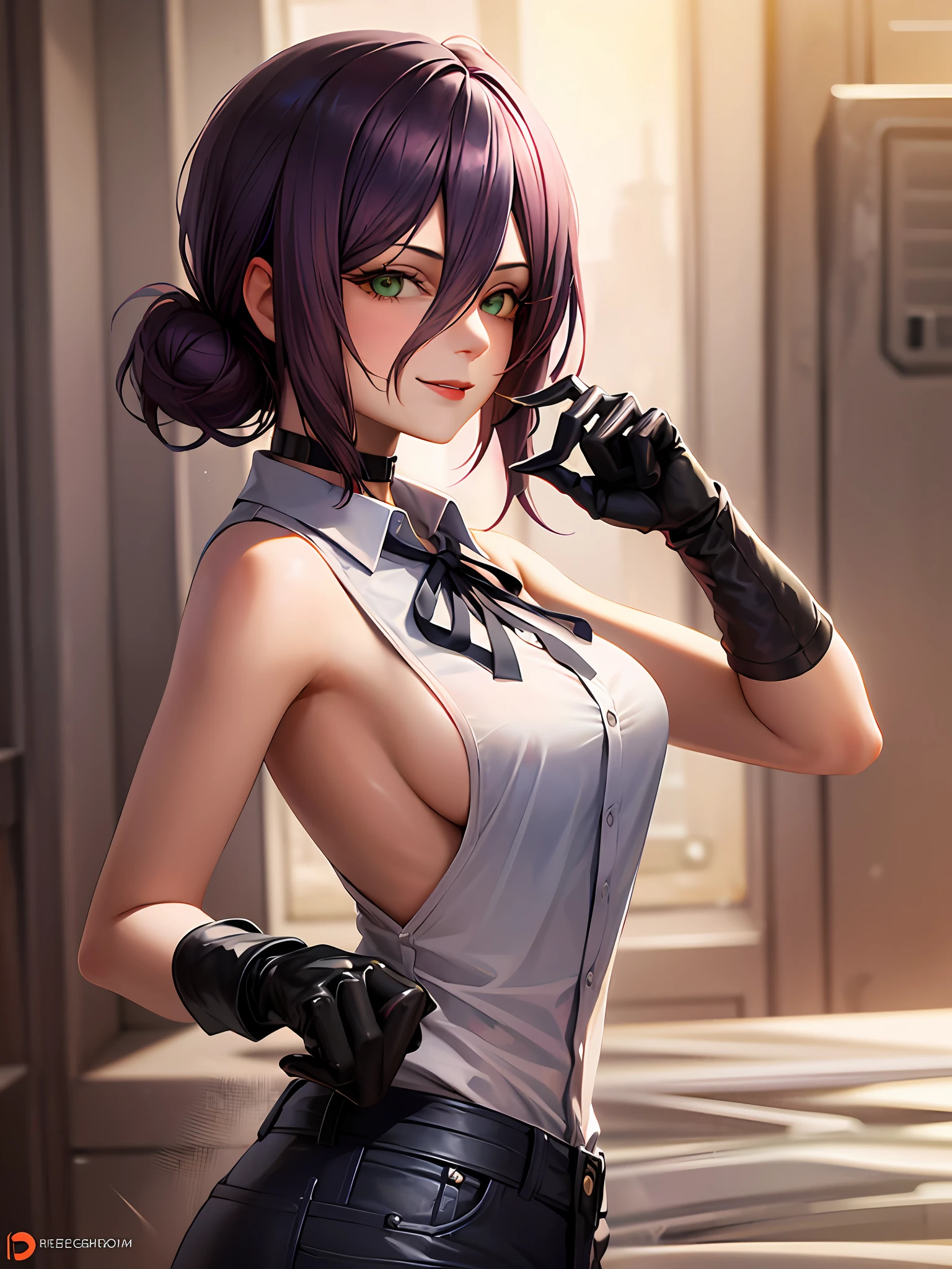 1girl, portrait of beautiful RezeCSM, solo, looking_at_viewer, smile, shirt, white_shirt, breasts, collared_shirt, hair_bun, upper_body, sleeveless, black_ribbon, ribbon, sleeveless_shirt, bare_shoulders, single_hair_bun, medium_breasts, purple_hair, black_gloves, gloves, sideboob,  volumetric lighting, best quality, masterpiece, intricate details, tonemapping, sharp focus, hyper detailed, trending on Artstation,