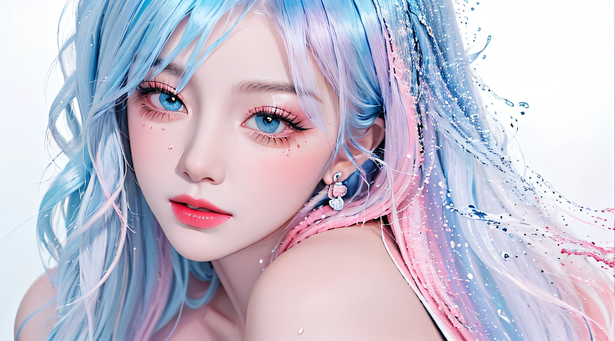 (Masterpiece, Best Quality, High Resolution), White Background, Acrylic Paint, ((Color Splash, Splash of Ink, Color Splash)), Sweet Chinese Girl, Long Light Blue Hair, [Light Blue|Pink] Hair, Curly Hair, Glitter, Peach Lips, White Shirt, Front, Upper Body