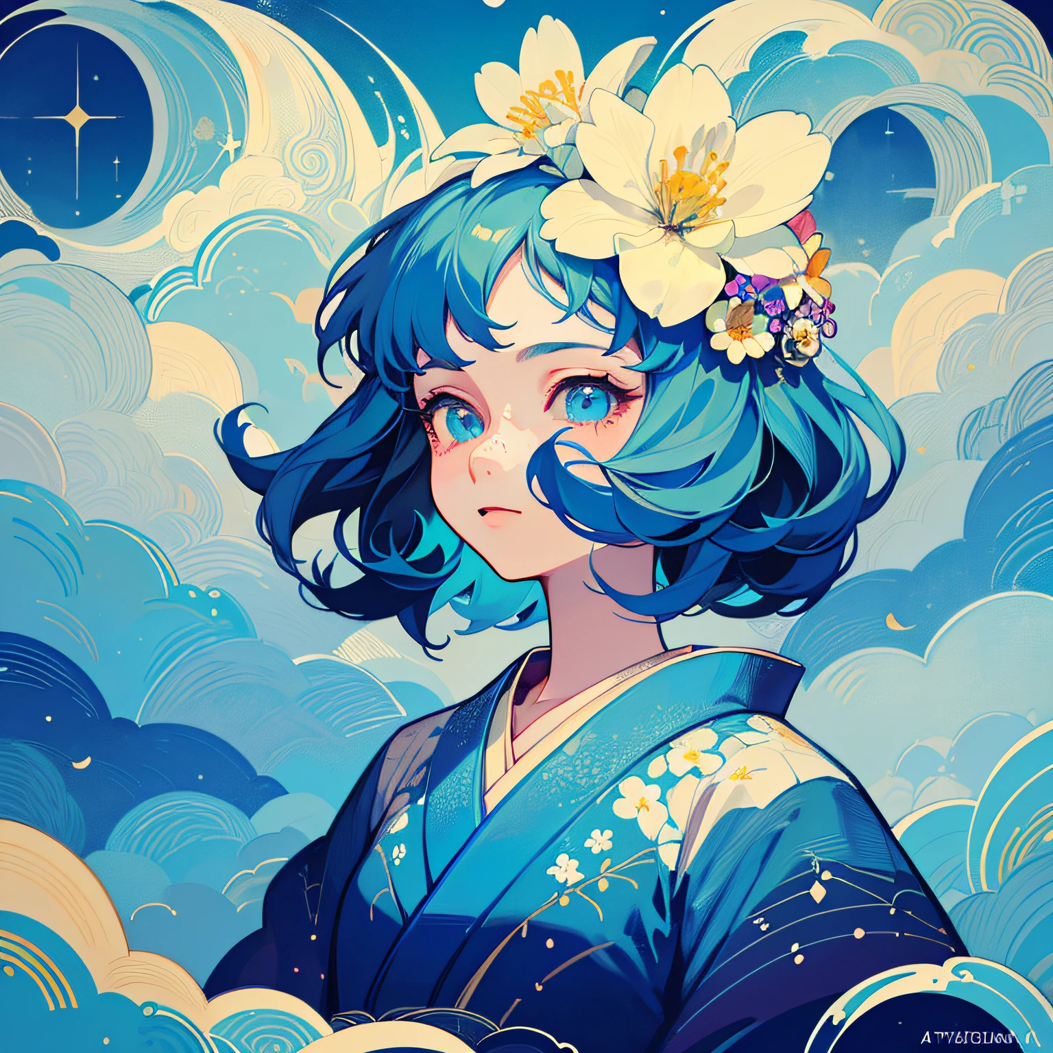 ((Masterpiece)), ((Ultra Detailed)), ((Best Quality)), Beautiful Detailed Eyes, Detailed Face, Best Lighting, Best Shadow, 1 Front Bust Girl, Solo, ((Classic Disney Style, Edge Lighting, Flat 2D Style, Disney 2D)), ((The main colors are blue and yellow)), Huge Waves, (Girl Inside Flowers:1.5), Flower Island, Flower Paradise, World Made of Flowers, Freckles, Cold Nose, (((Bubbles)), Marbles, Japanese Inspiration, (highly detailed), vortex effect, A3,