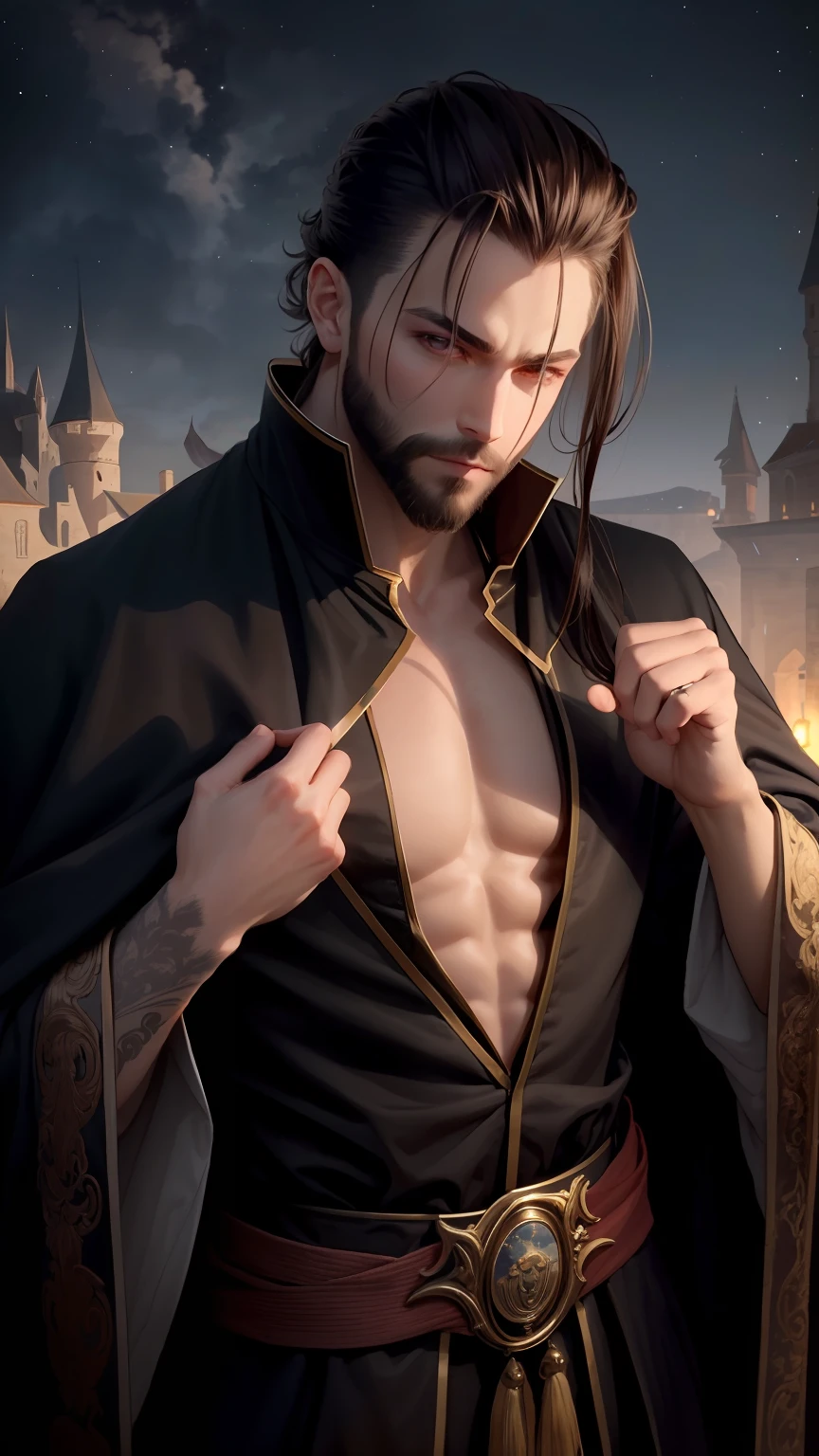 The light is night, the medieval vampire (male: 1.2) full body image, wearing a single layer of black silk gown, the clothes are open from the neckline to the waist, the facial features are Kiru Revis, there is a blood-colored light effect on the hands, the face has side light, half dark and half bright, the eyes are bright red, the head is mohican hairstyle, the face has a small number of beards with styling, the overall background is the night sky, there is a thousand-year castle in the distance, and there are a large number of bats in the sky,