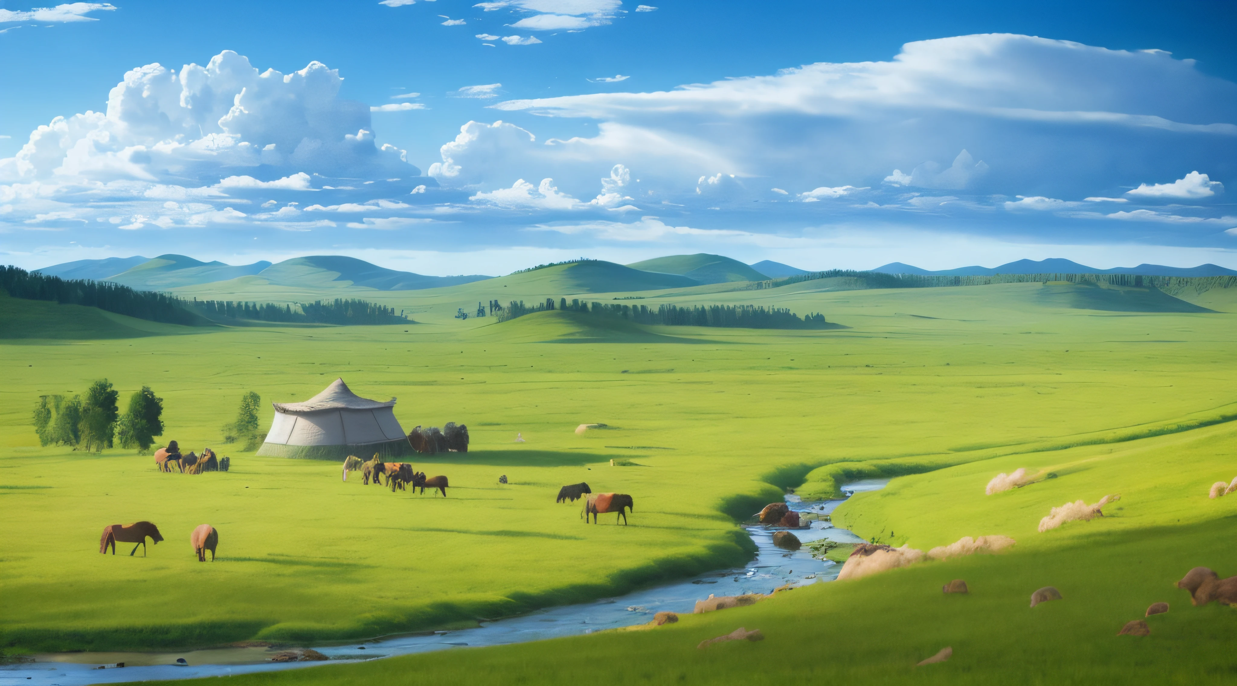 there are horses grazing in a green field near a stream, cinematic silk road lanscape, sci - fi mongolian village, mongolia, a beautiful landscape, in a vast serene landscape, steppe landscape, grasslands, grassland, peaceful landscape, beautiful landscape, distant village background, amazing landscape in background, amazing landscape, an epic landscape, steppe, country landscape, countryside