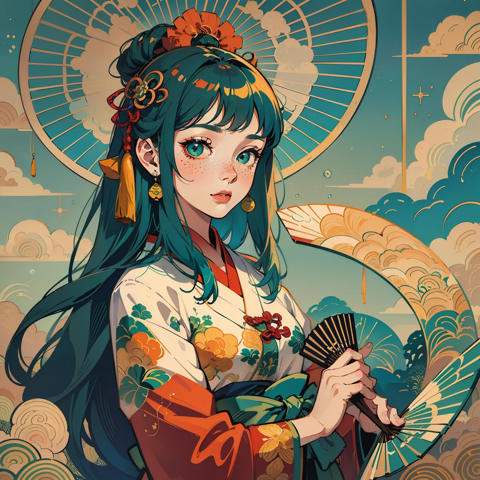 ((Masterpiece)), ((Ultra Detailed)), ((Best Quality)), Beautiful Detailed Eyes, Detailed Face, Best Lighting, Best Shadow, 1 Front Bust Girl, Solo, ((Traditional Chinese Chinese Style, Edge Lighting, Flat 2D Style, Disney 2D)), ((The main colors are orange and green)), Long flowing hair, Huge paper fan, (Girl inside the paper fan:1.5), Brush Island, Brush Paradise, World made of paper fan, Freckles, Cold nose, (((Bubble))), brush, Japanese inspiration, (highly detailed), swirl effect, A3,