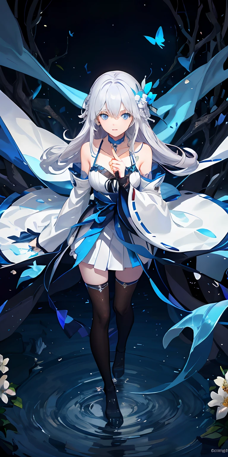 (Overhead view),dynamic angle,ultra-detailed, illustration, close-up, straight on, 1girl, (fantasy:1.4), (azure blue eyes:1.233),Her eyes shone like dreamy stars,(glowing eyes:1.233),(beautiful and detailed eyes:1.1),(Silver hair:1.14),(messy hair,very long hair,french braid,hair between eyes,sidelocks), (+(bule hair flower:1.14)),(chiffon dress,bule flower pattern in uniform)/=(military uniform:1.24),(detached sleeves,wide sleeves),(fingerless gloves),choker,(miko thighhighs),High heeled boots,(expressionless,closed mouth),(standing), (classical Princess boudoir with dressing tableand french windowin a white ancient palaces),(white flowers,bloom),(abysmal sea),(flowing water),(a dull blue world tree:1.14),(ruins),(night:1.2),dreamy,soul,(fluorescence),(flying translucent blue butterflies:1.15), [[delicate fingers and hands:0.55]::0.85],(detail fingers),(yubao:0.5),