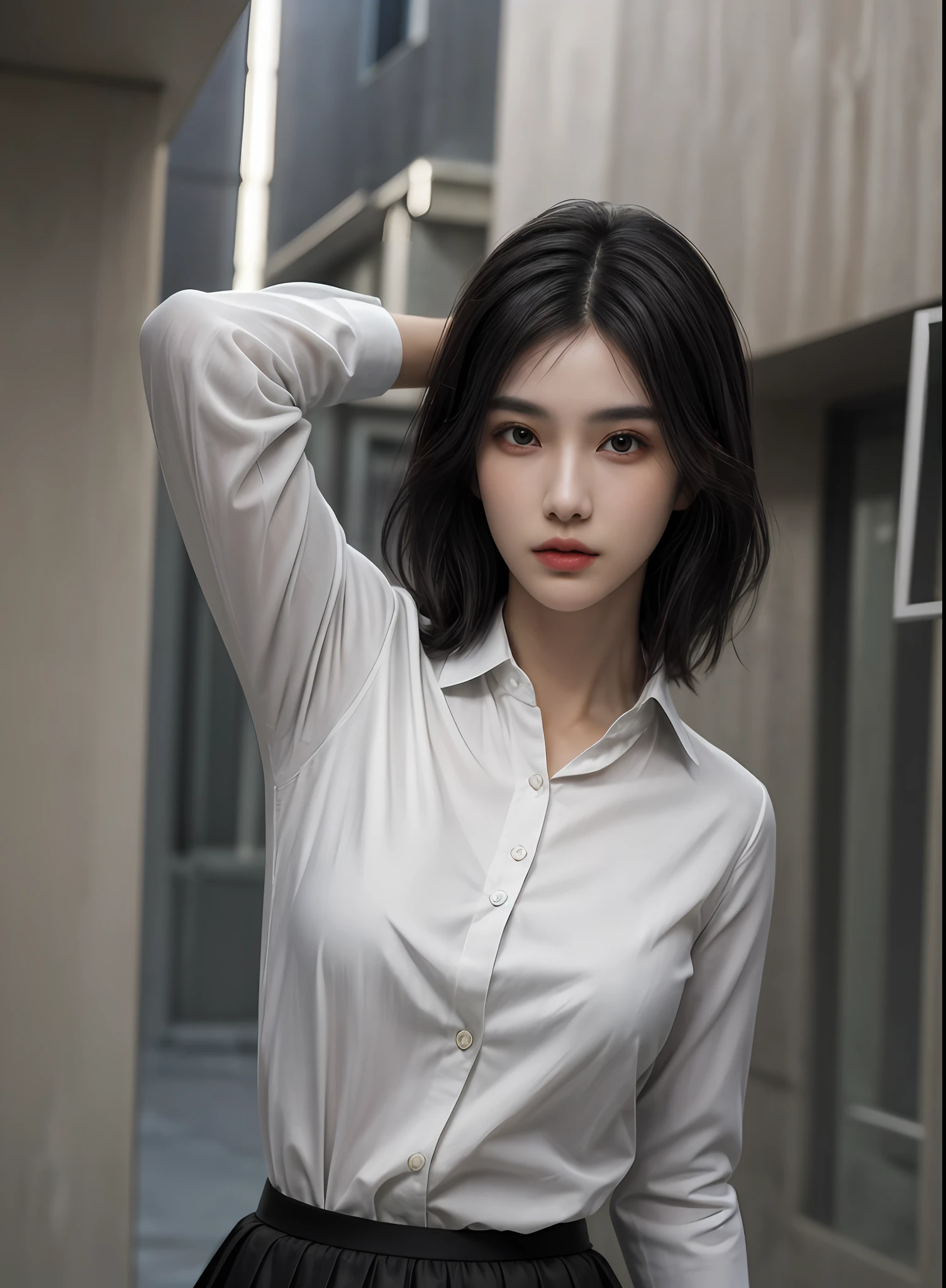 1girl, ((upper body, narrow waist, girl, black hair)), (front view, from front), looking at viewer, Best quality, masterpiece, ultra high res, (photorealistic:1.4), 8k, clean, (incredibly absurdres, ultra-detailed,CG ,unity ,8k wallpaper), (detailed face :1.4),(beautiful detailed eyes :1.2),(detailed hair), light on face, cinematic lighting, perfect face, lips, adult, solo, black businessman suit, white collared shirt, black skirt,(( wheaten skin, real skin))