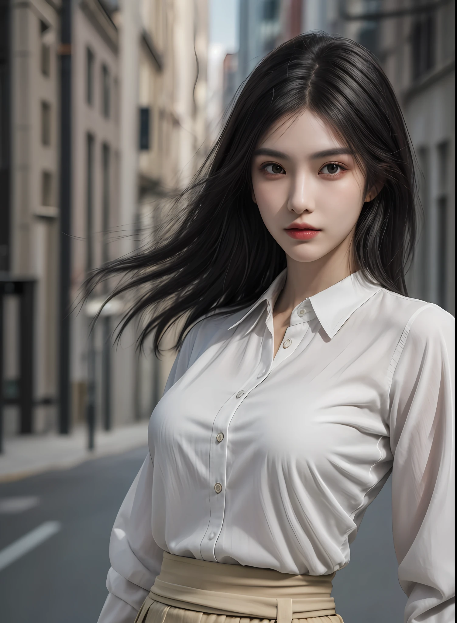 1girl, ((upper body, narrow waist, girl, black hair)), (front view, from front), looking at viewer, Best quality, masterpiece, ultra high res, (photorealistic:1.4), 8k, clean, (incredibly absurdres, ultra-detailed,CG ,unity ,8k wallpaper), (detailed face :1.4),(beautiful detailed eyes :1.2),(detailed hair), light on face, cinematic lighting, perfect face, lips, adult, solo, black businessman suit, white collared shirt, black skirt,(( wheaten skin, real skin))