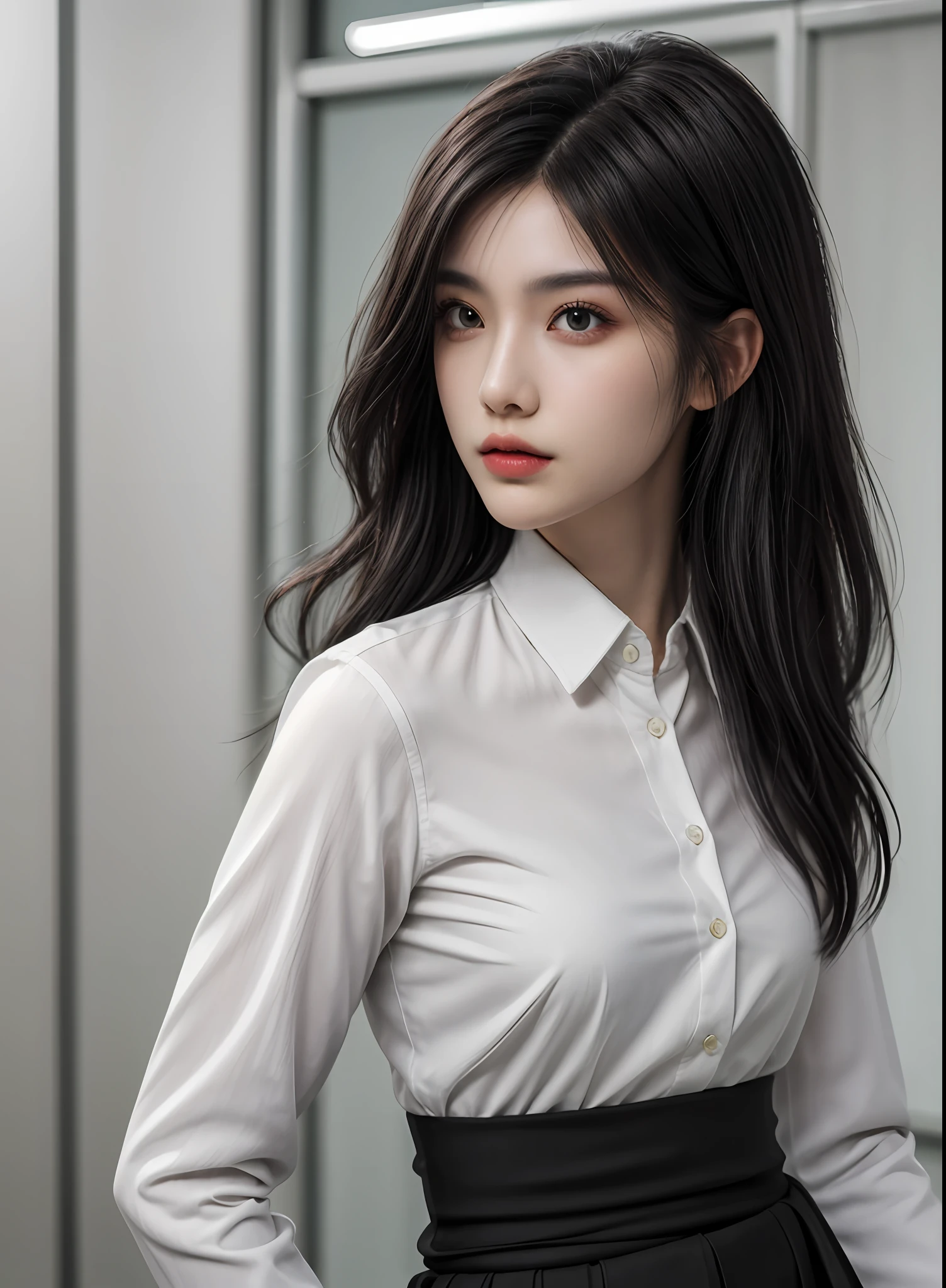 1girl, ((upper body, narrow waist, girl, black hair)), (front view, from front), looking at viewer, Best quality, masterpiece, ultra high res, (photorealistic:1.4), 8k, clean, (incredibly absurdres, ultra-detailed,CG ,unity ,8k wallpaper), (detailed face :1.4),(beautiful detailed eyes :1.2),(detailed hair), light on face, cinematic lighting, perfect face, lips, adult, solo, black businessman suit, white collared shirt, black skirt,(( wheaten skin, real skin))