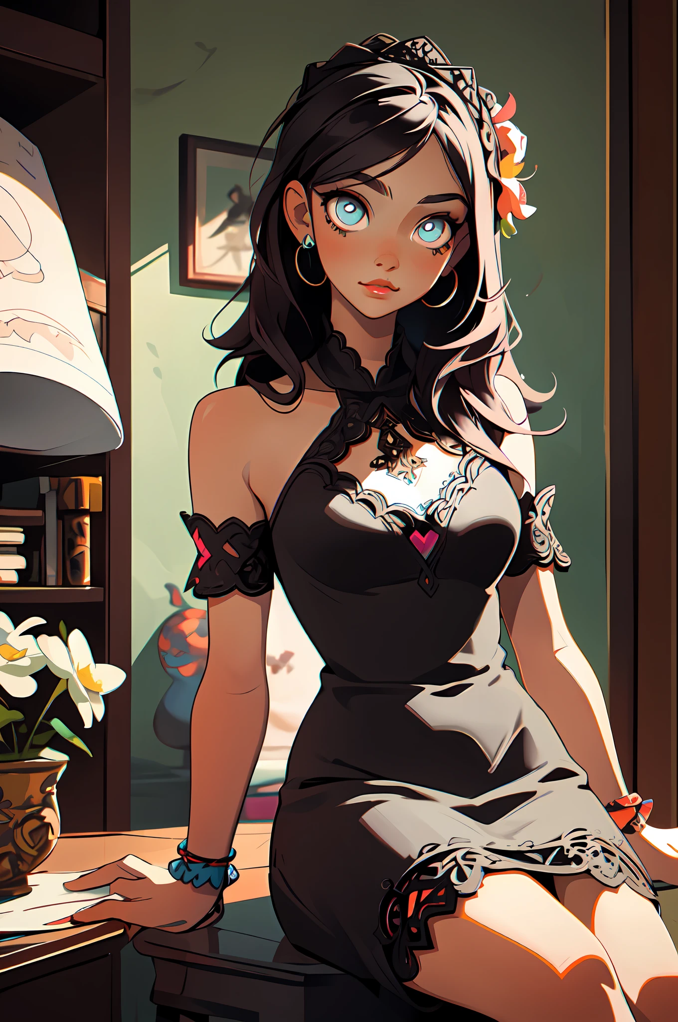 (masterpiece, best quality), 1girl, room, chilling, colorful, beautiful, intricate, comfy, detailed eyes,