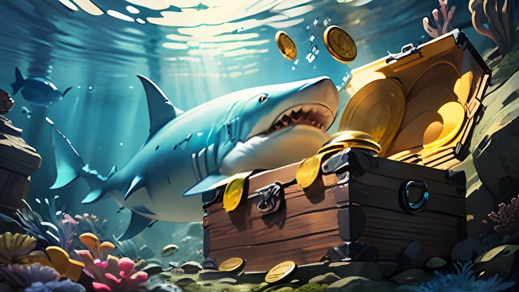 At the bottom of the sea, a shark with its mouth open, laughing, holding a treasure chest, a treasure chest, the chest opens, the chest is filled with gold coins, gold coins sparkle, Segpunk style,