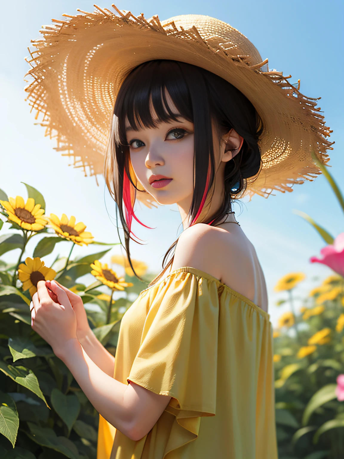 HD, depth of field, spring, smaller head, sideways, black hair, yellow straw hat, anime, off-the-shoulder, wild, colorful flowers and plants,