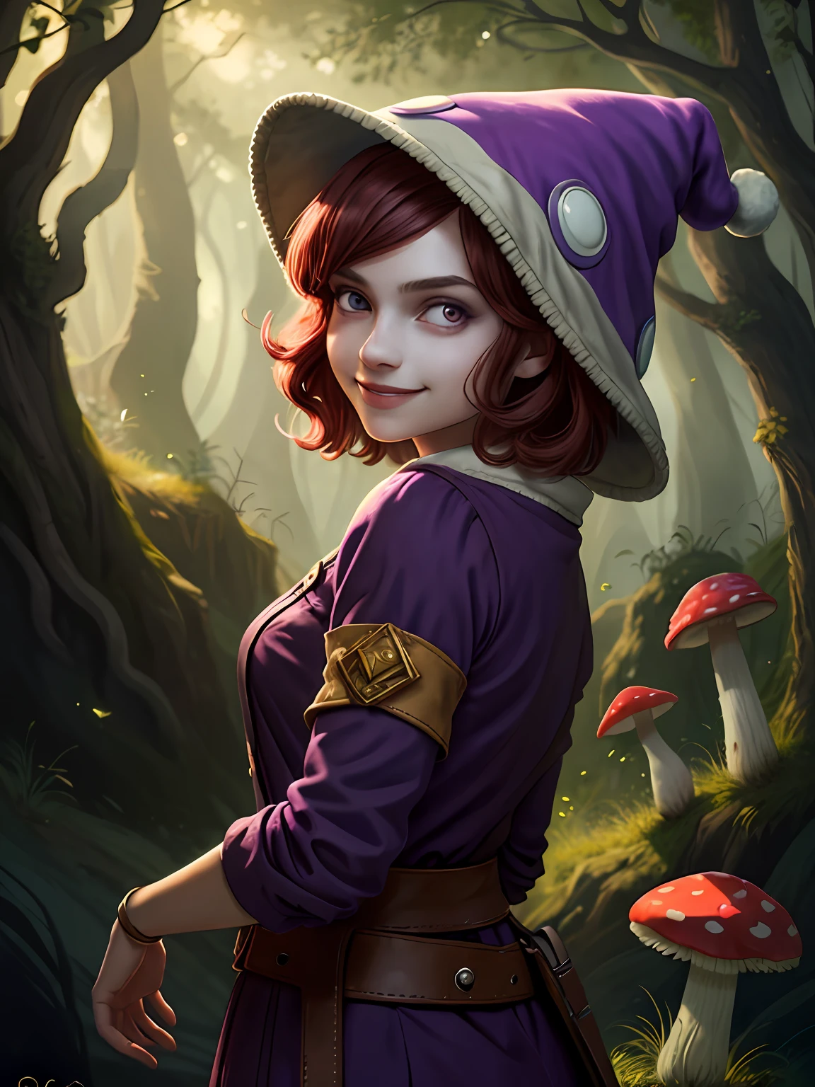 (best quality, masterpiece), woman, 16 years old, druid, spores, fungi, red mushroom hat on head, purple eyes, voluminous short curled red hair, purple clothes, investigating mushroom, backlight, upper body, curious pose, evil smile