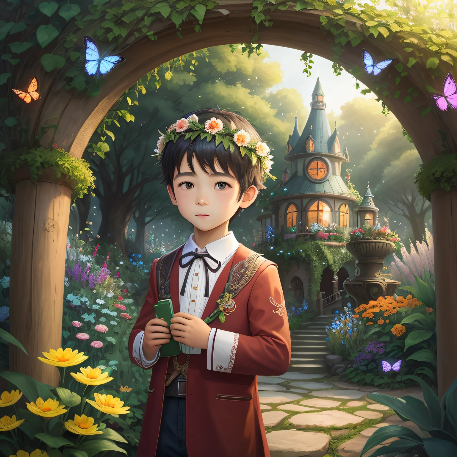 In the background of a fairyland garden, a boy wears a garland and is covered in butterflies