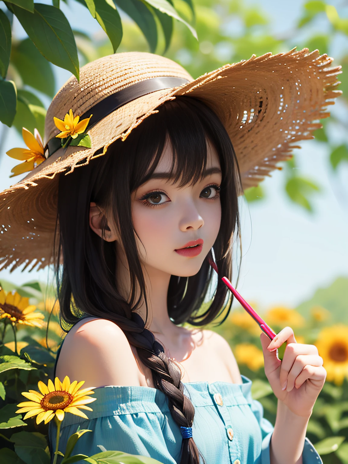 HD, depth of field, spring, smaller head, sideways, black hair, yellow straw hat, anime, off-the-shoulder, wild, colorful flowers and plants,