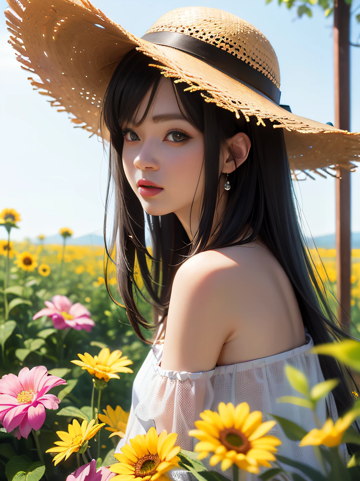 HD, depth of field, spring, smaller head, sideways, black hair, yellow straw hat, anime, off-the-shoulder, wild, colorful flowers and plants,