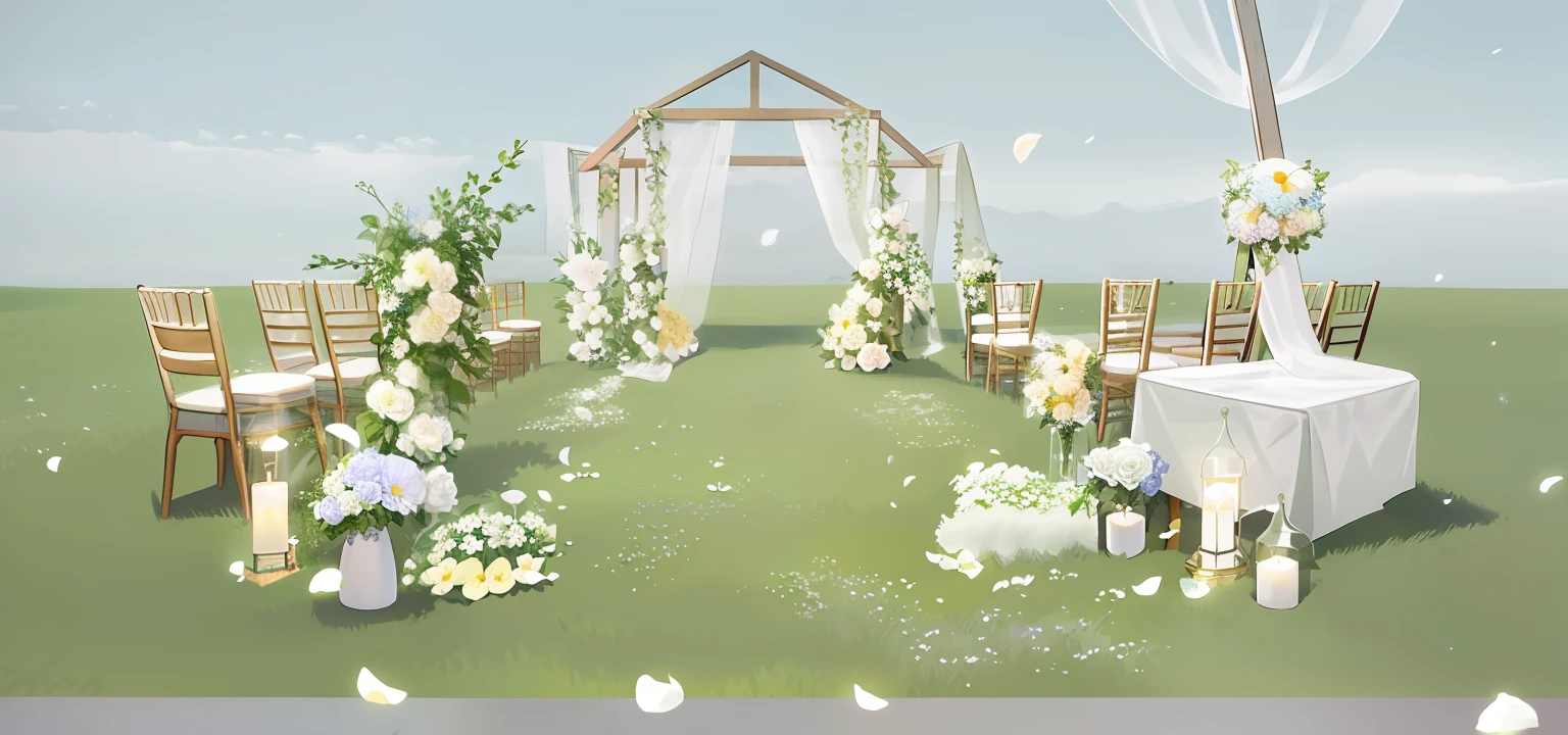 there is a wedding ceremony set up in a field with flowers, airy colors, midsommar color theme, romantic greenery, light greens and whites, realistic scene, ethereal and dreamy theme, a hyper realistic, detailed scene, rustic, heavenly color scheme, dreamy light color palette, pale greens and whites, floral painted backdrop, airy theme, green and warm theme