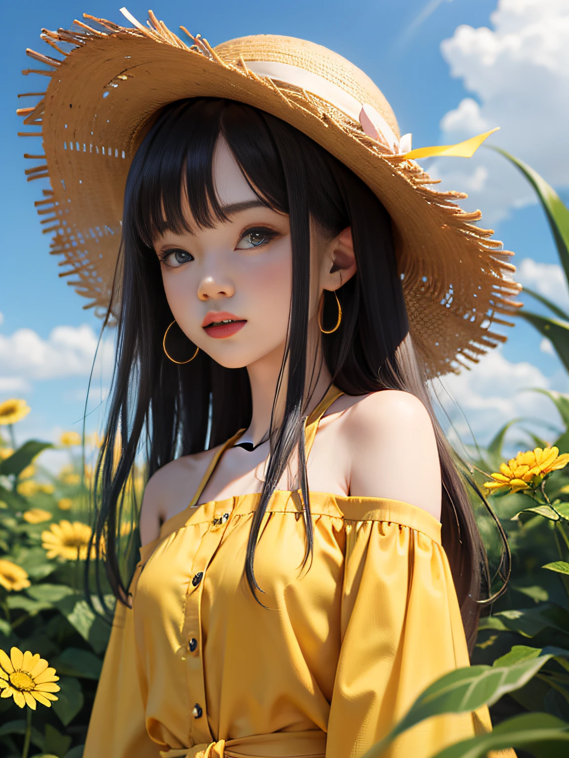 HD, depth of field, spring, smaller head, sideways, black hair, yellow straw hat, anime, off-the-shoulder, wild, colorful flowers and plants,