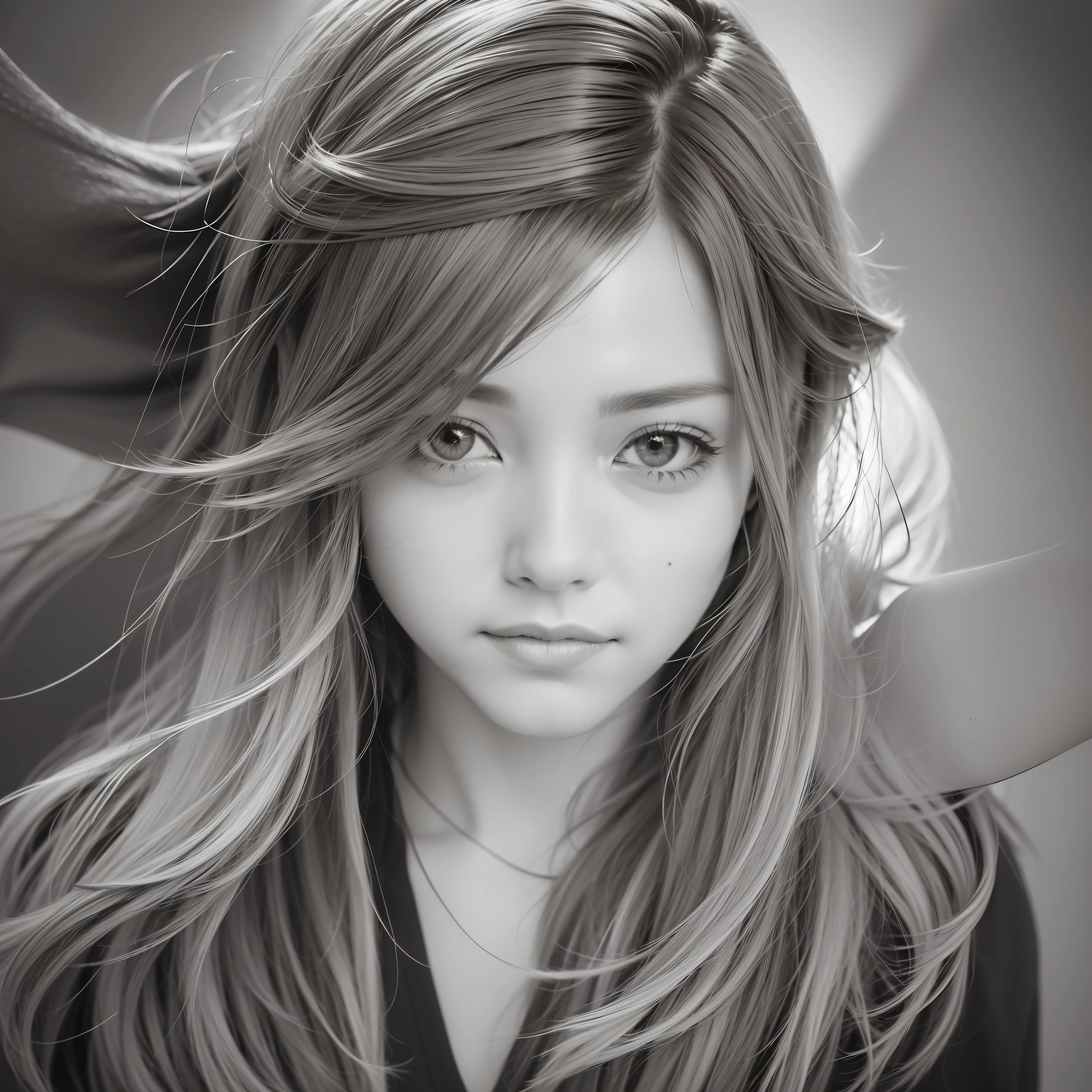 multicolored hair, hair ribbon, mole under eye, earrings, open mouth, smile, chiaroscuro, depth of field, modern, multiple monochrome, out of frame, first-person view, Nikon, 135mm, overexposure, masterpiece