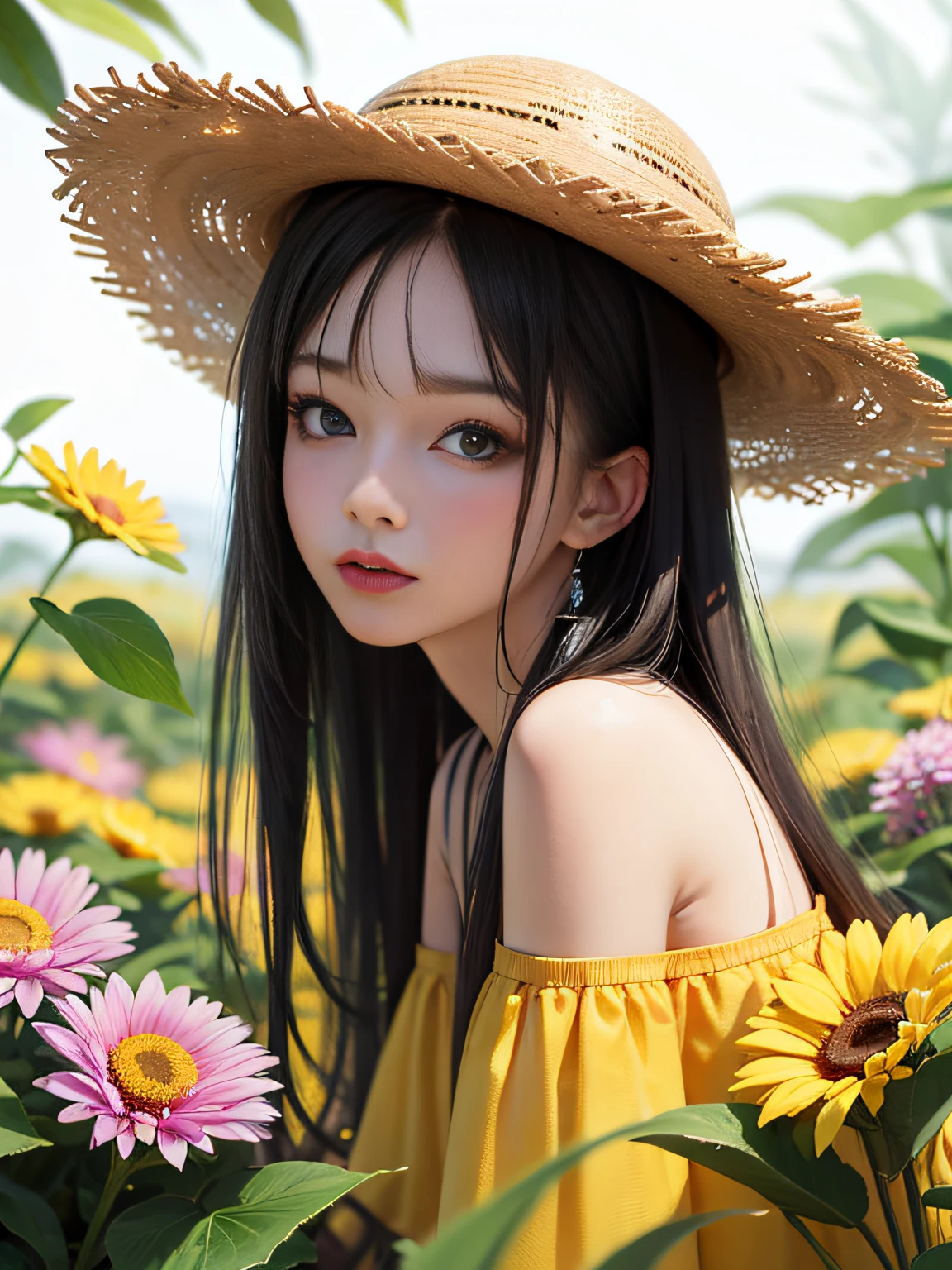 HD, depth of field, spring, smaller head, sideways, half-body, black hair, yellow straw hat, anime, off-the-shoulder, wild, colorful flowers and plants,