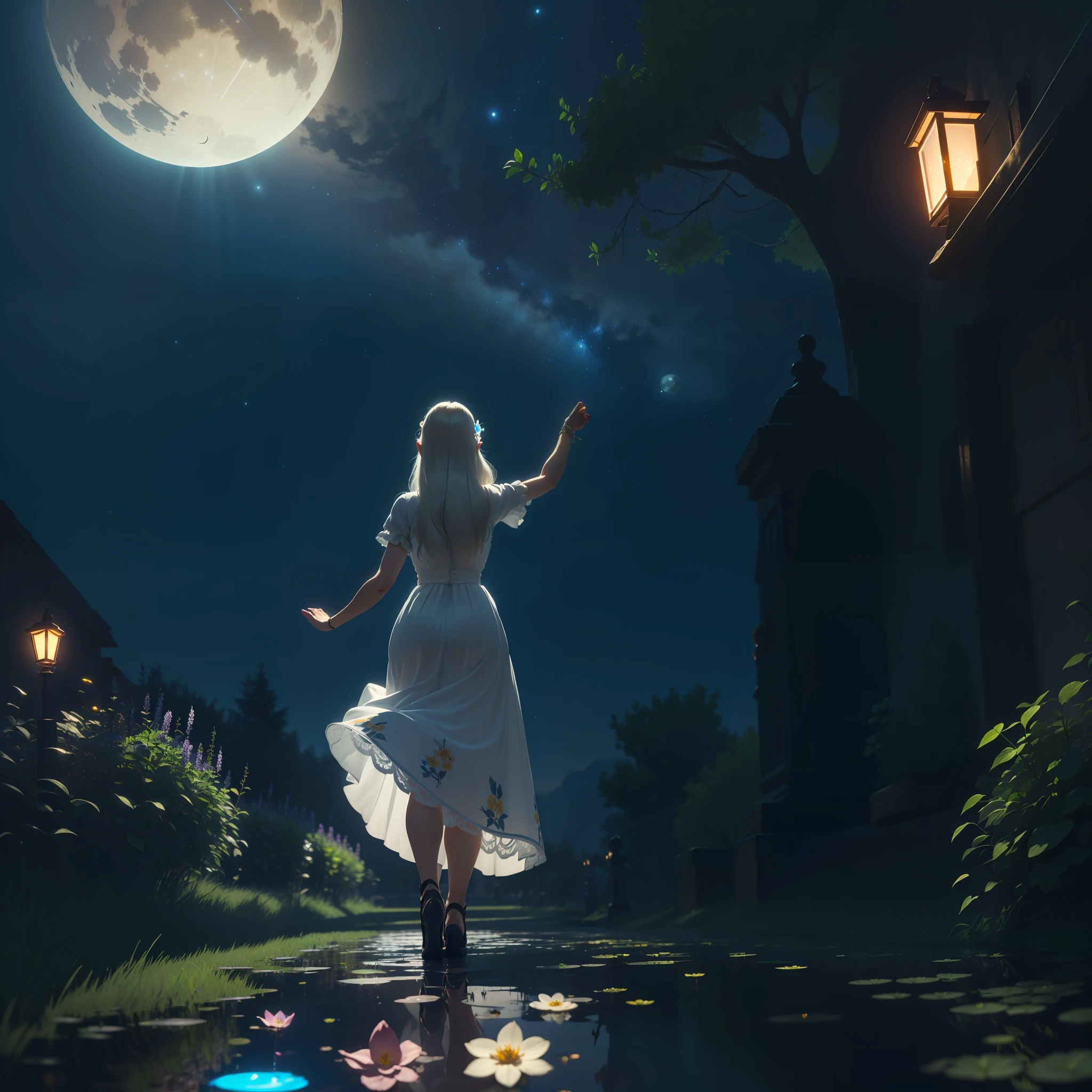 Open landscape , Landscape , Panorama shot , (Looking up/down) , Girl in flower garden looking up , (Full moon: 1. 2) , (Shooting star: 0. 9) , (Nebula: 1. 3) , Starry sky , White flower garden , Shining flower garden , Fantastic flower garden , Trees , (Warm light source: 1. 2), (Firefly: 1. 2), Lamp 3), Starry sky, White flower garden, (Warm color Light Source: 1. 2), (Firefly: 1. 2), Lamp, Orange and Blue Fine Detail, (Masterpiece: 1. 2), (Top Quality), 4k, Ultra Fine Detail, (Dynamic Composite: 1. 2), (Top Quality), Lamp, Orange and Blue Voluminous Lighting Main Fine Detail BREAK ((Masterpiece: 1.2), (Top Quality), 4k, Ultra Fine Detail, (Dynamic Composite: 1.4), Very Fine Detail, Colorful Detail, (Iridescent: 1. 2), (Luminescent Lighting, Ambient Lighting), Dreamlike ( Ambient Lighting), Dreamy, Fantastic, (Solo: 1.2), Glitter, Petals Dancing, Light Dancing, White Hair, Beautiful Hair, Long Hair, Hair Dancing, Back View, Puddle, Pose, Ruffled Skirt, Pure White Dress, Lace Short Sleeved Dress, Glass Shoes