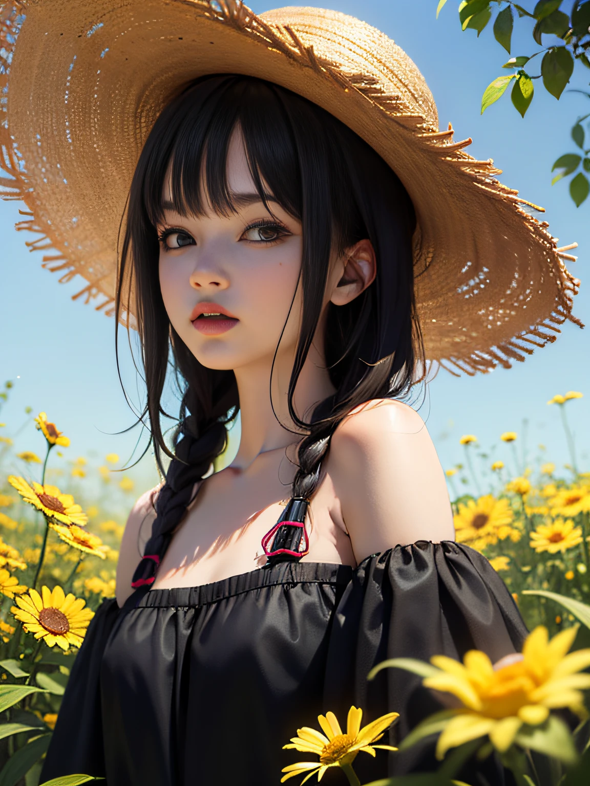 HD, depth of field, spring, smaller head, sideways, half-body, black hair, yellow straw hat, anime, off-the-shoulder, wild, colorful flowers and plants,